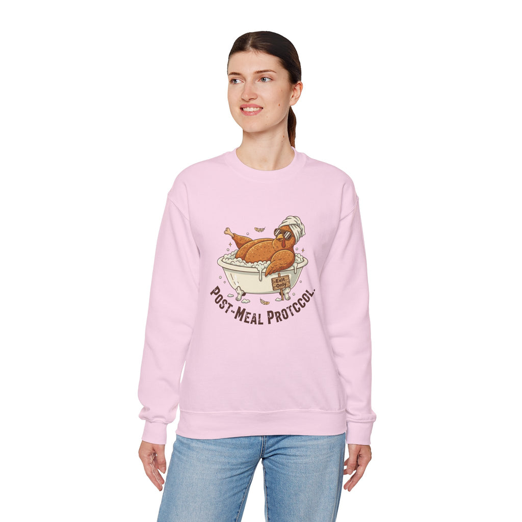 Crewneck Sweatshirt — "Post-Meal Protocol" Turkey Bath Cozy Graphic Pullover