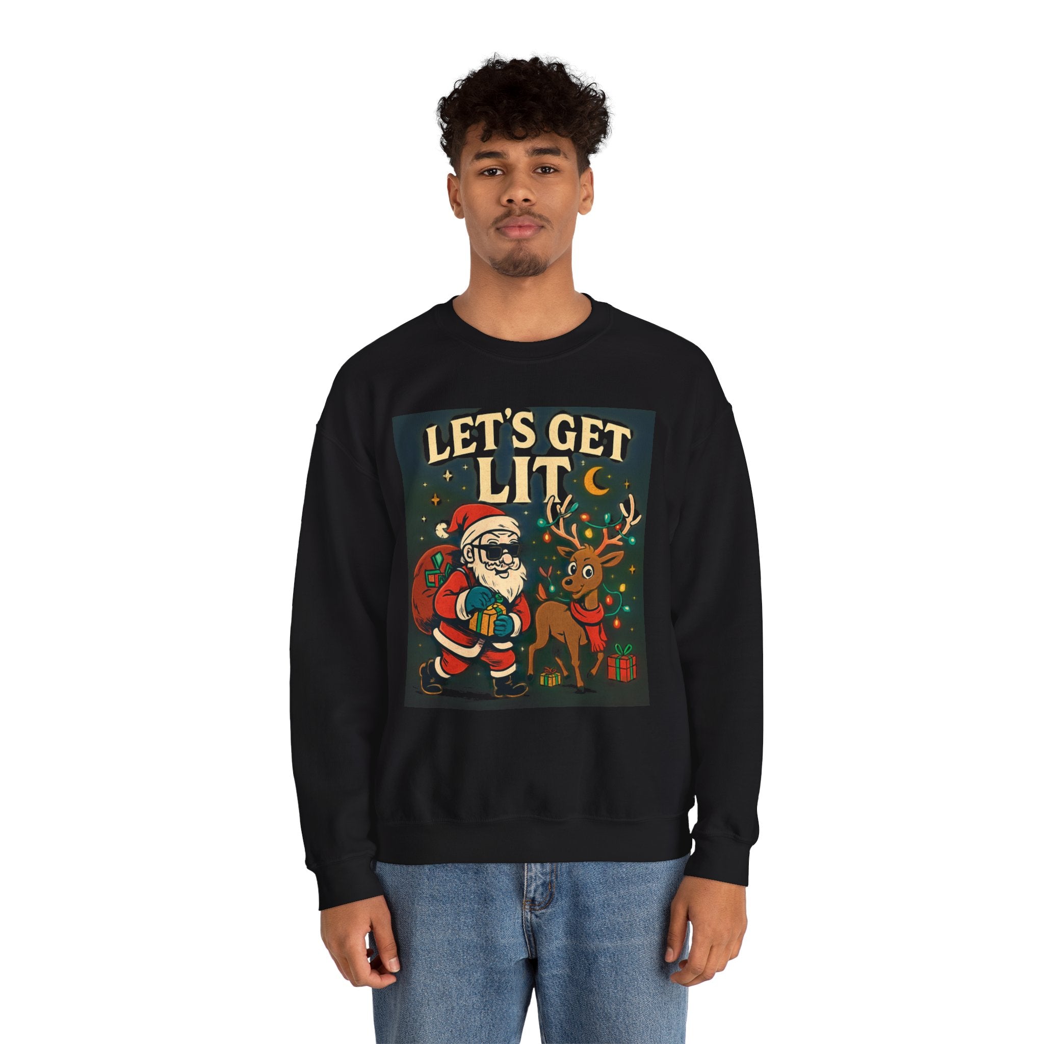 Crewneck Sweatshirt — 'Let's Get Lit' Santa & Reindeer Christmas Pullover