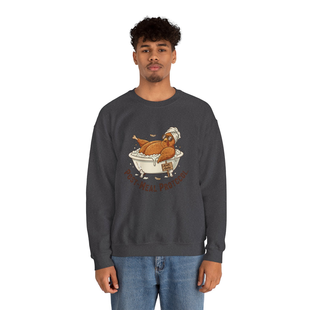 Crewneck Sweatshirt — "Post-Meal Protocol" Turkey Bath Cozy Graphic Pullover