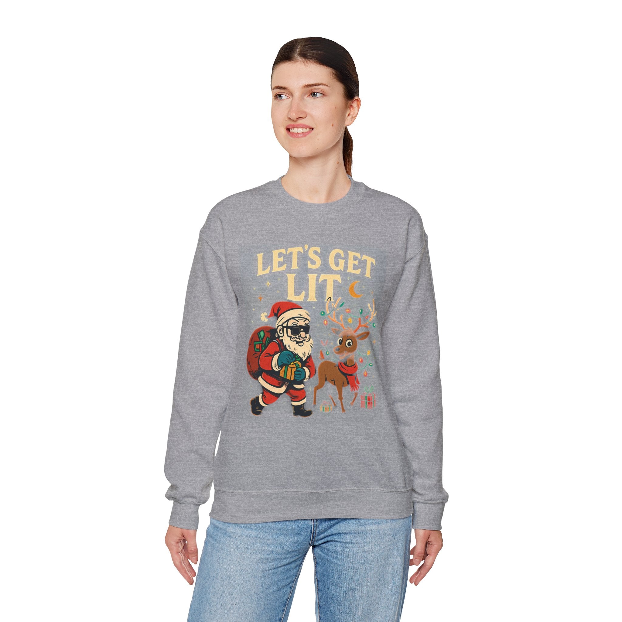 Crewneck Sweatshirt — 'Let's Get Lit' Santa & Reindeer Christmas Pullover