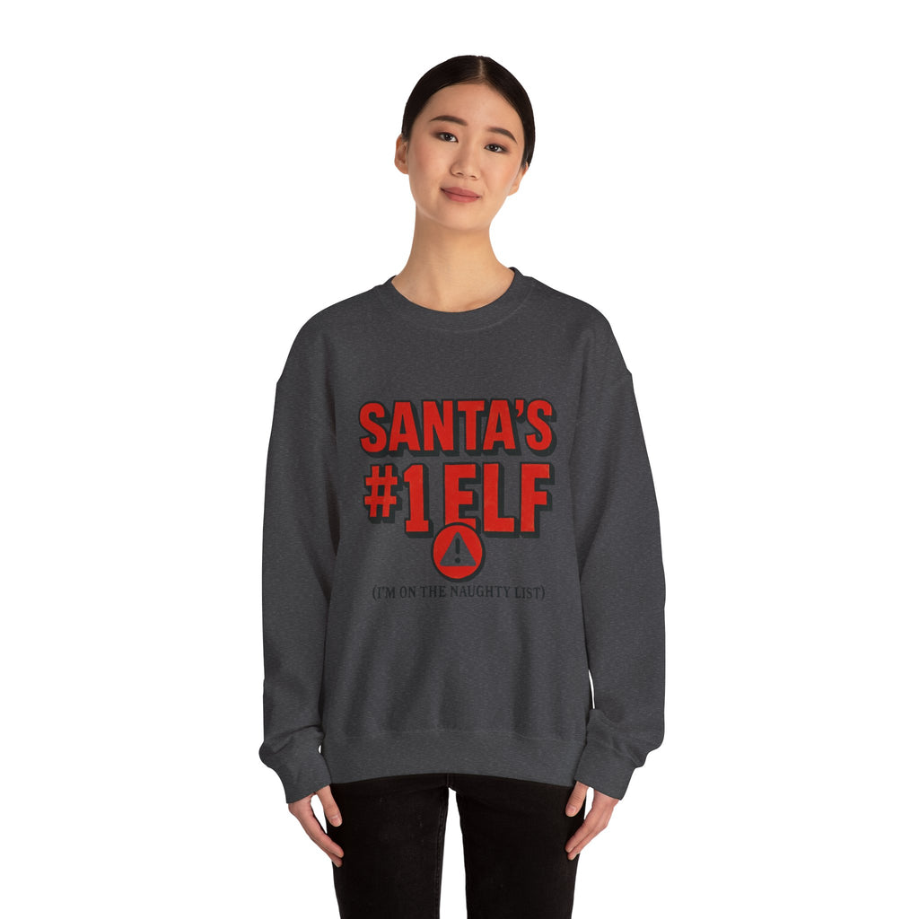Santa's #1 Elf Crewneck Sweatshirt - Funny Holiday Christmas Sweater (I'm on the Naughty List)