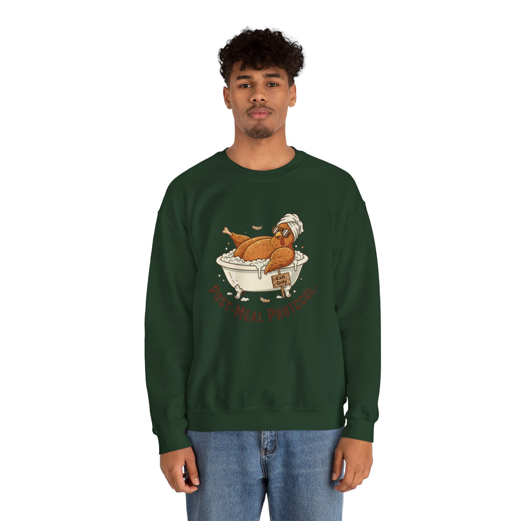 Crewneck Sweatshirt — "Post-Meal Protocol" Turkey Bath Cozy Graphic Pullover