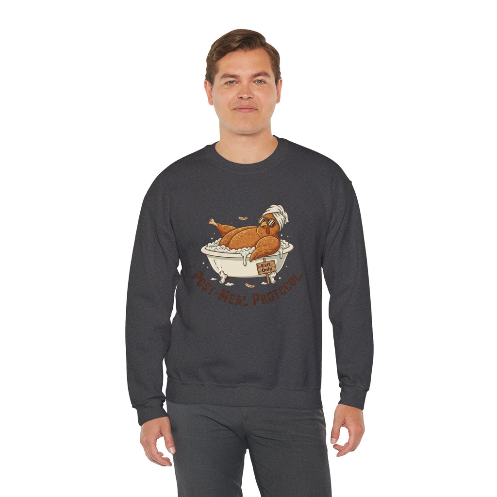 Crewneck Sweatshirt — "Post-Meal Protocol" Turkey Bath Cozy Graphic Pullover
