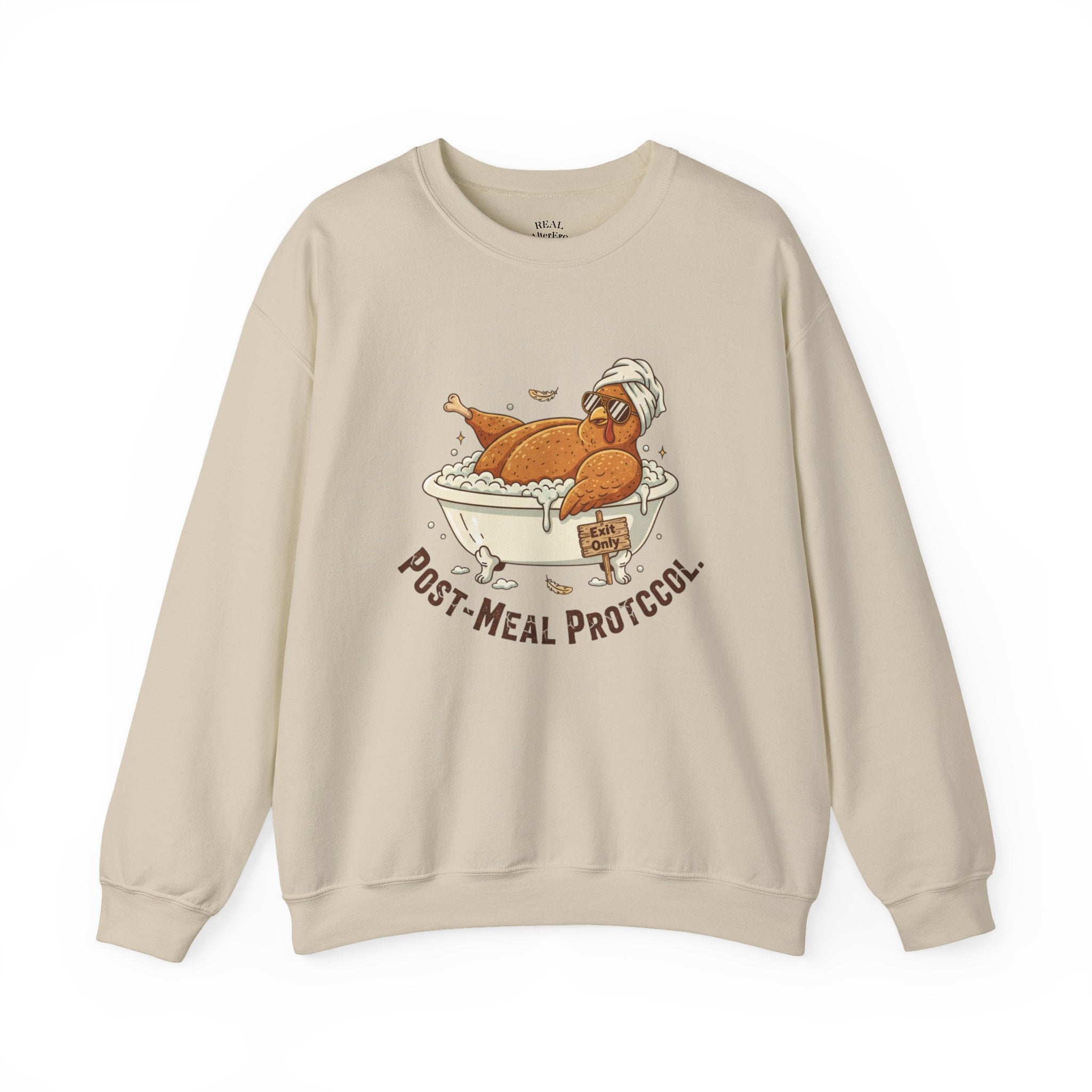 Crewneck Sweatshirt — "Post-Meal Protocol" Turkey Bath Cozy Graphic Pullover
