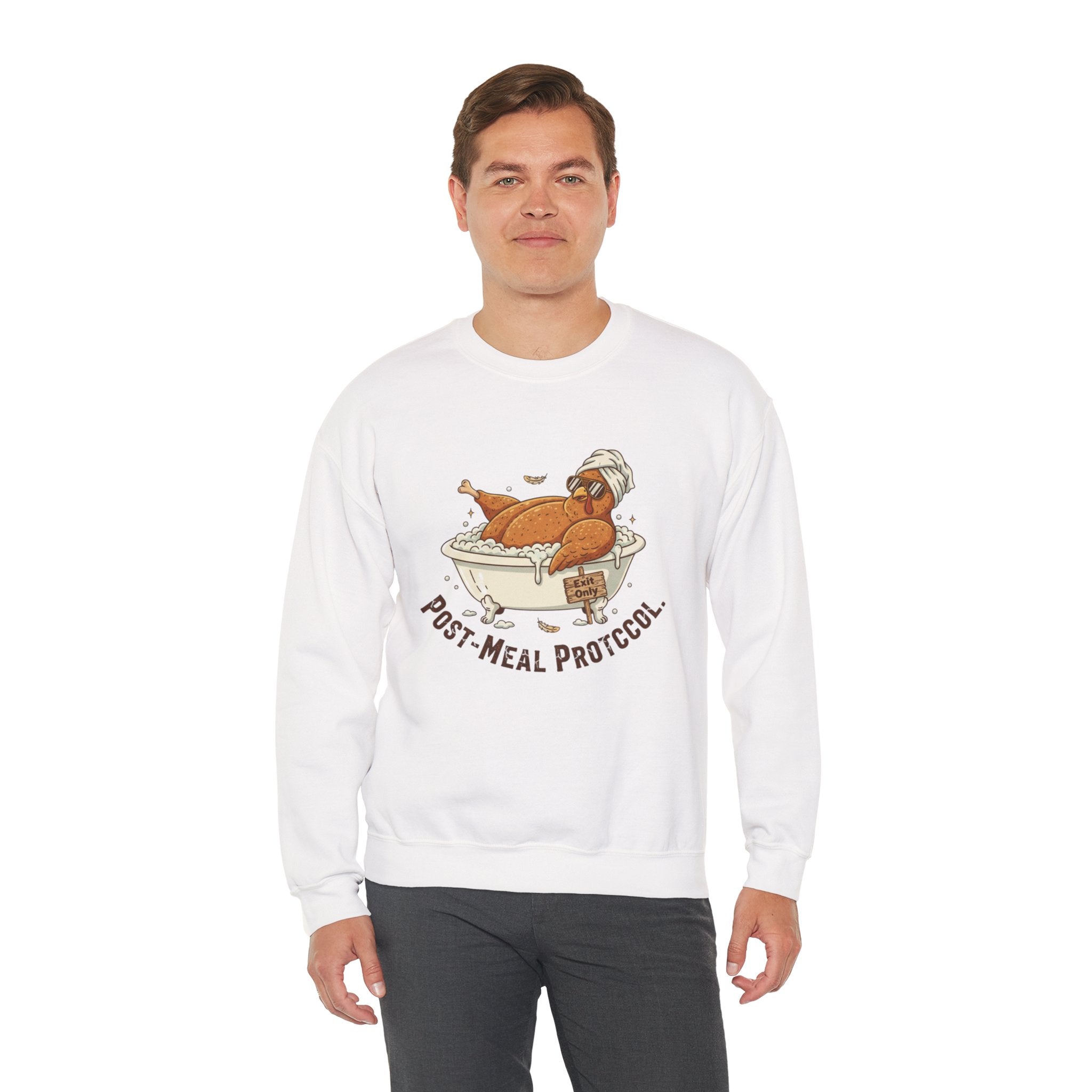 Crewneck Sweatshirt — "Post-Meal Protocol" Turkey Bath Cozy Graphic Pullover
