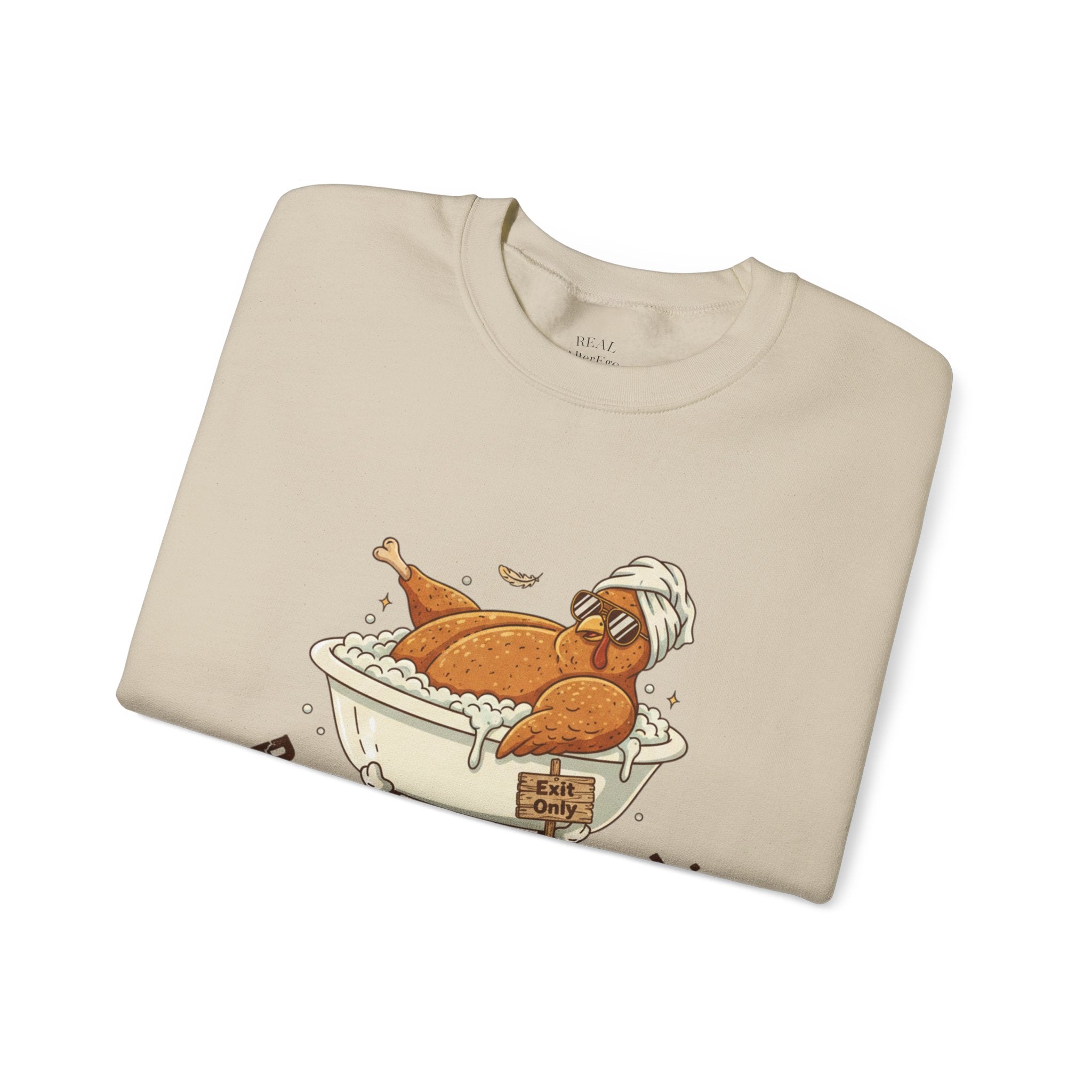 Crewneck Sweatshirt — "Post-Meal Protocol" Turkey Bath Cozy Graphic Pullover