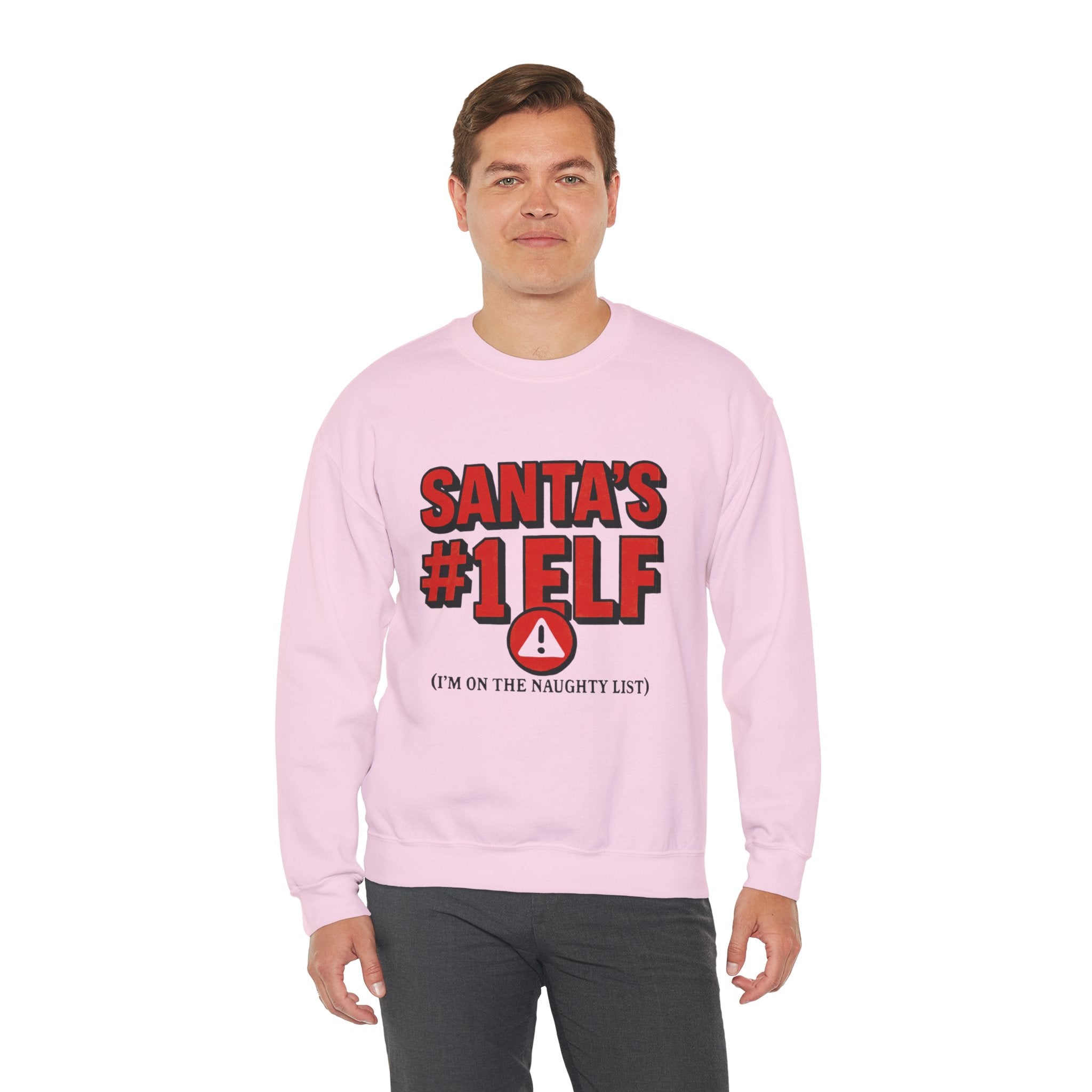 Santa's #1 Elf Crewneck Sweatshirt - Funny Holiday Christmas Sweater (I'm on the Naughty List)