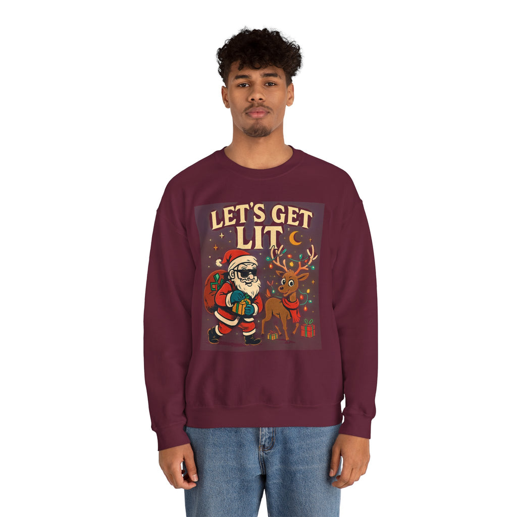 Crewneck Sweatshirt — 'Let's Get Lit' Santa & Reindeer Christmas Pullover