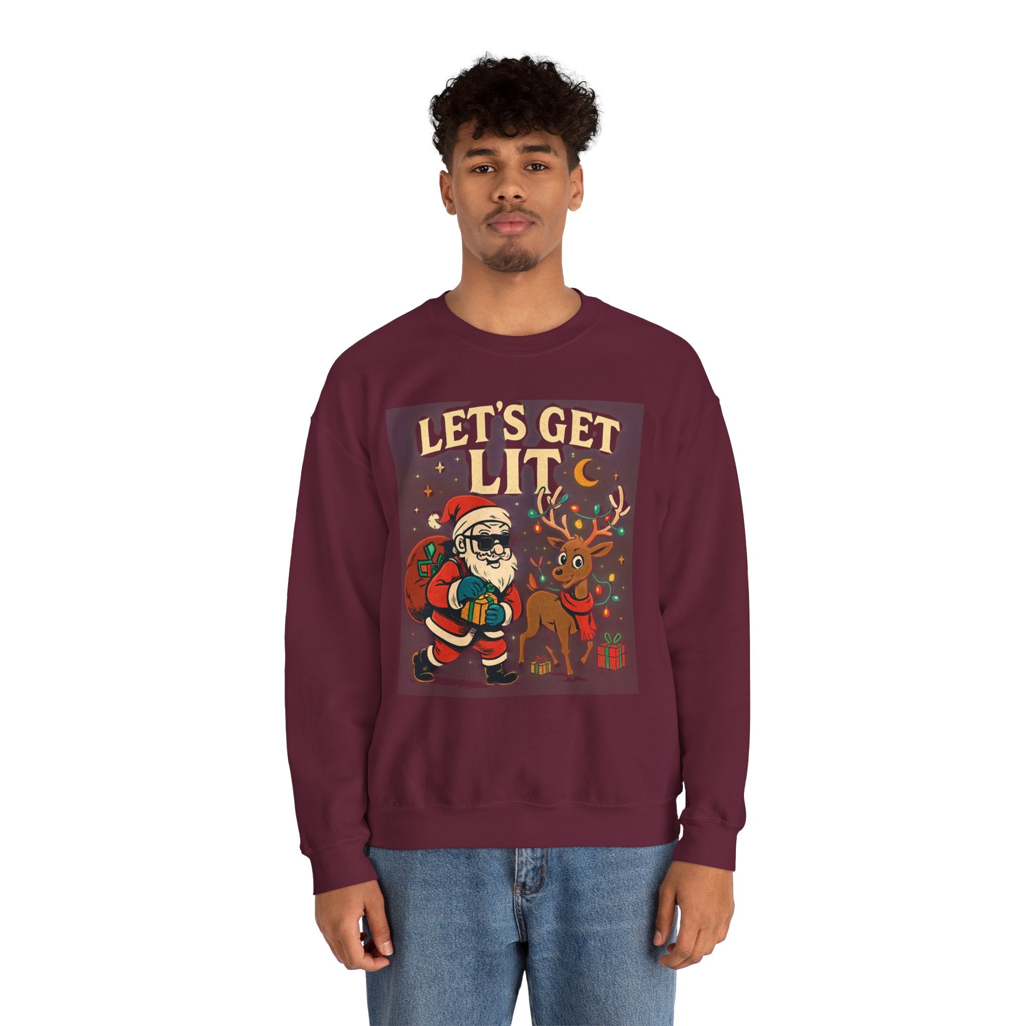 Crewneck Sweatshirt — 'Let's Get Lit' Santa & Reindeer Christmas Pullover