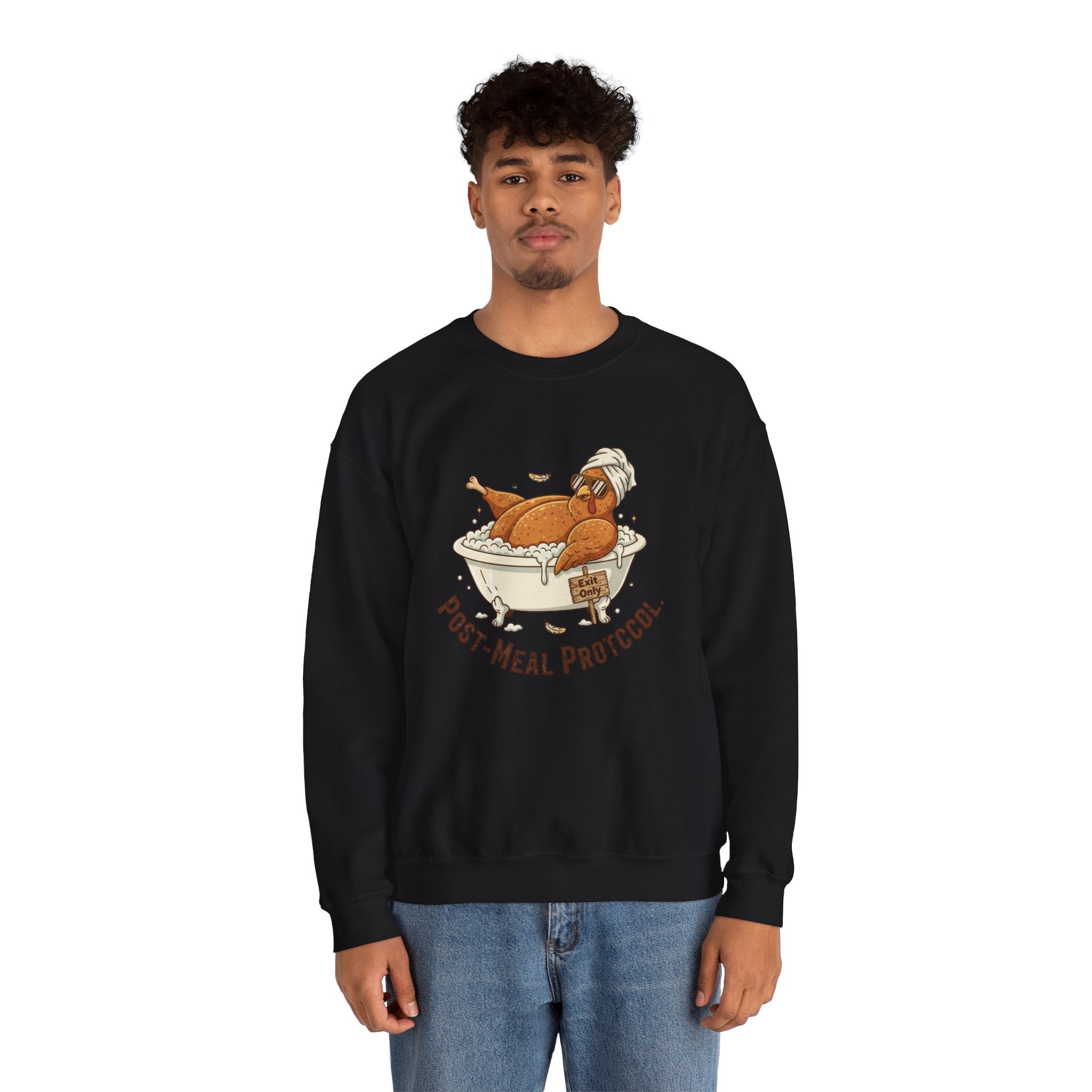 Crewneck Sweatshirt — "Post-Meal Protocol" Turkey Bath Cozy Graphic Pullover