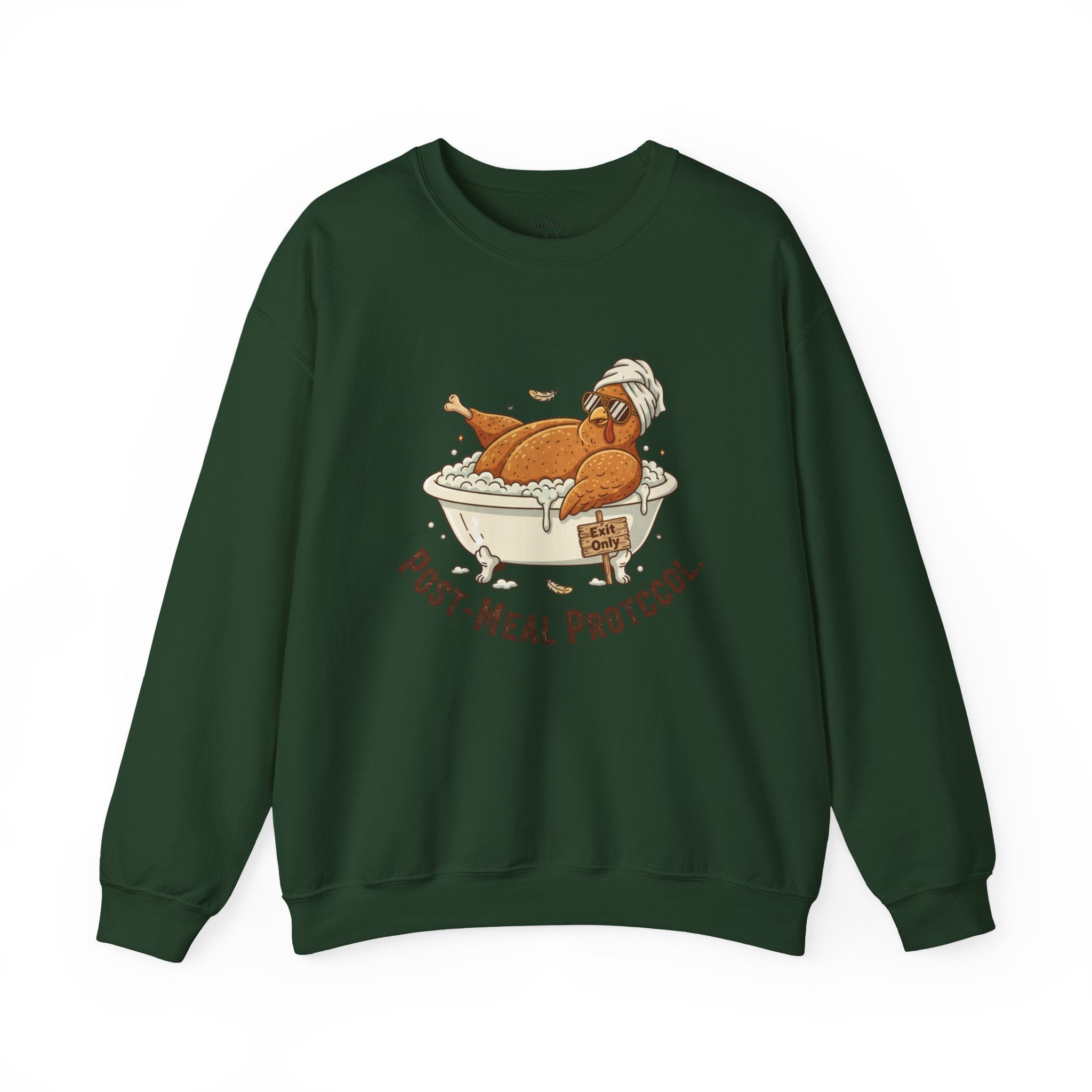 Crewneck Sweatshirt — "Post-Meal Protocol" Turkey Bath Cozy Graphic Pullover