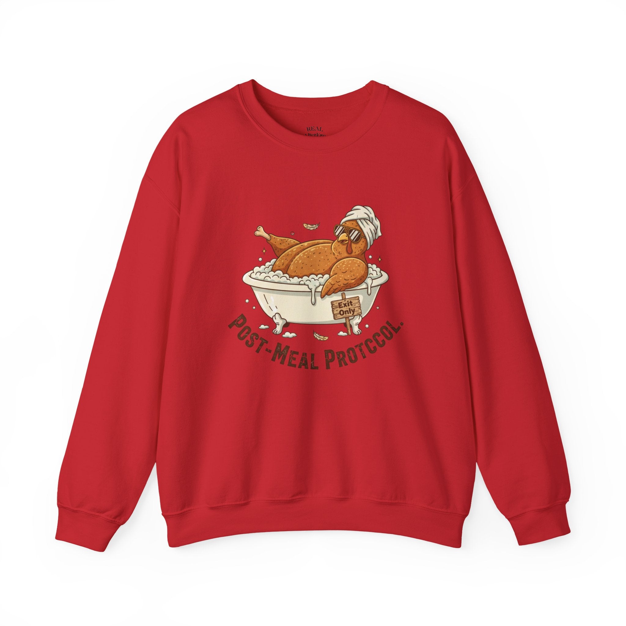 Crewneck Sweatshirt — "Post-Meal Protocol" Turkey Bath Cozy Graphic Pullover