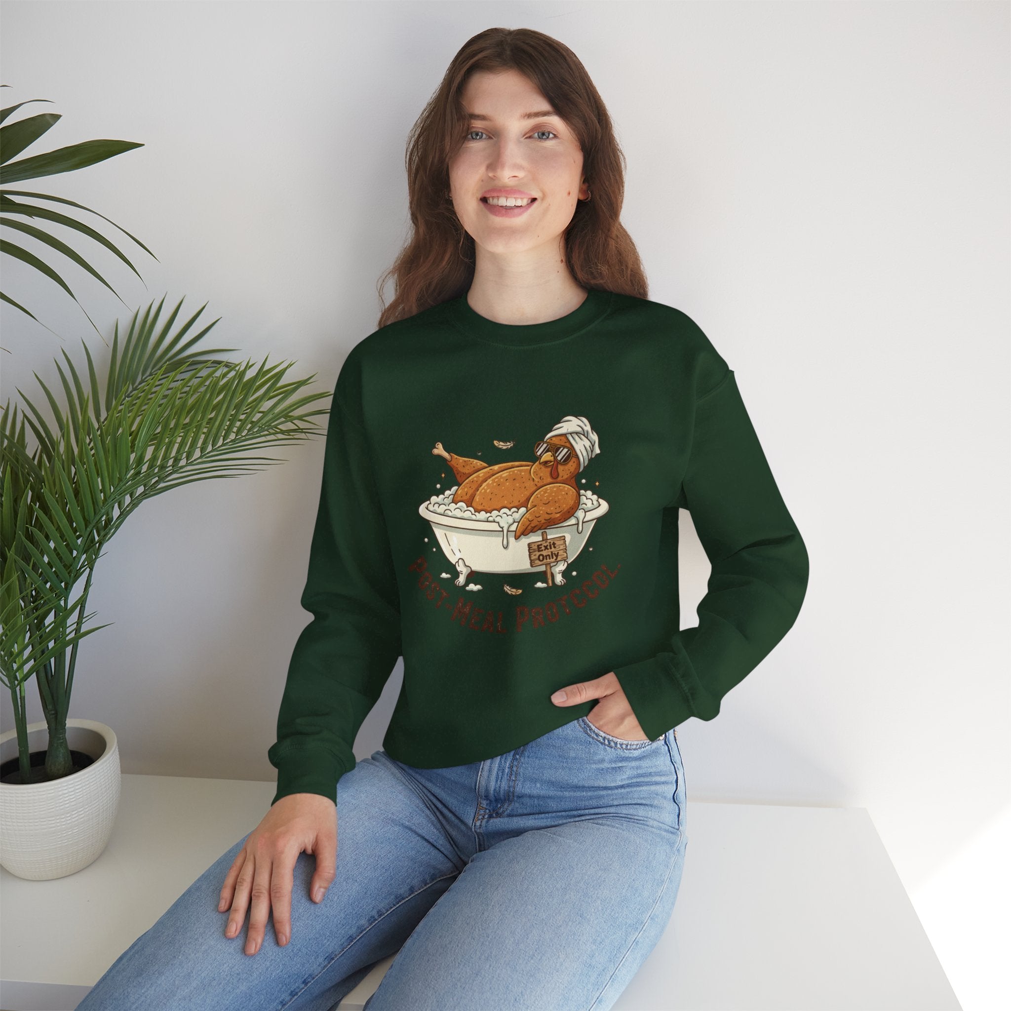 Crewneck Sweatshirt — "Post-Meal Protocol" Turkey Bath Cozy Graphic Pullover