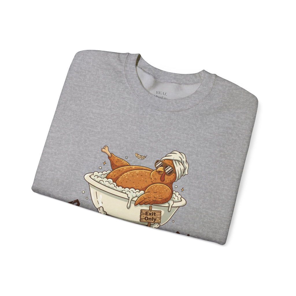 Crewneck Sweatshirt — "Post-Meal Protocol" Turkey Bath Cozy Graphic Pullover