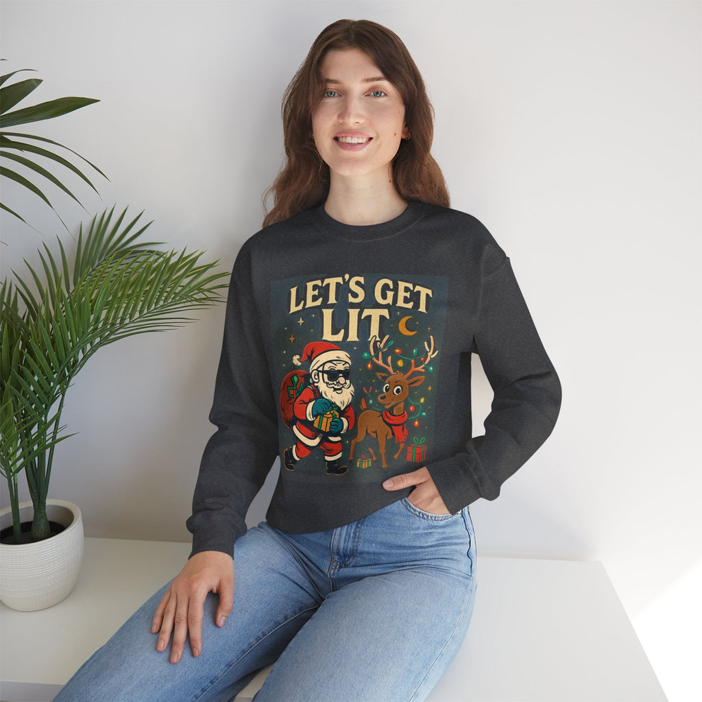 Crewneck Sweatshirt — 'Let's Get Lit' Santa & Reindeer Christmas Pullover