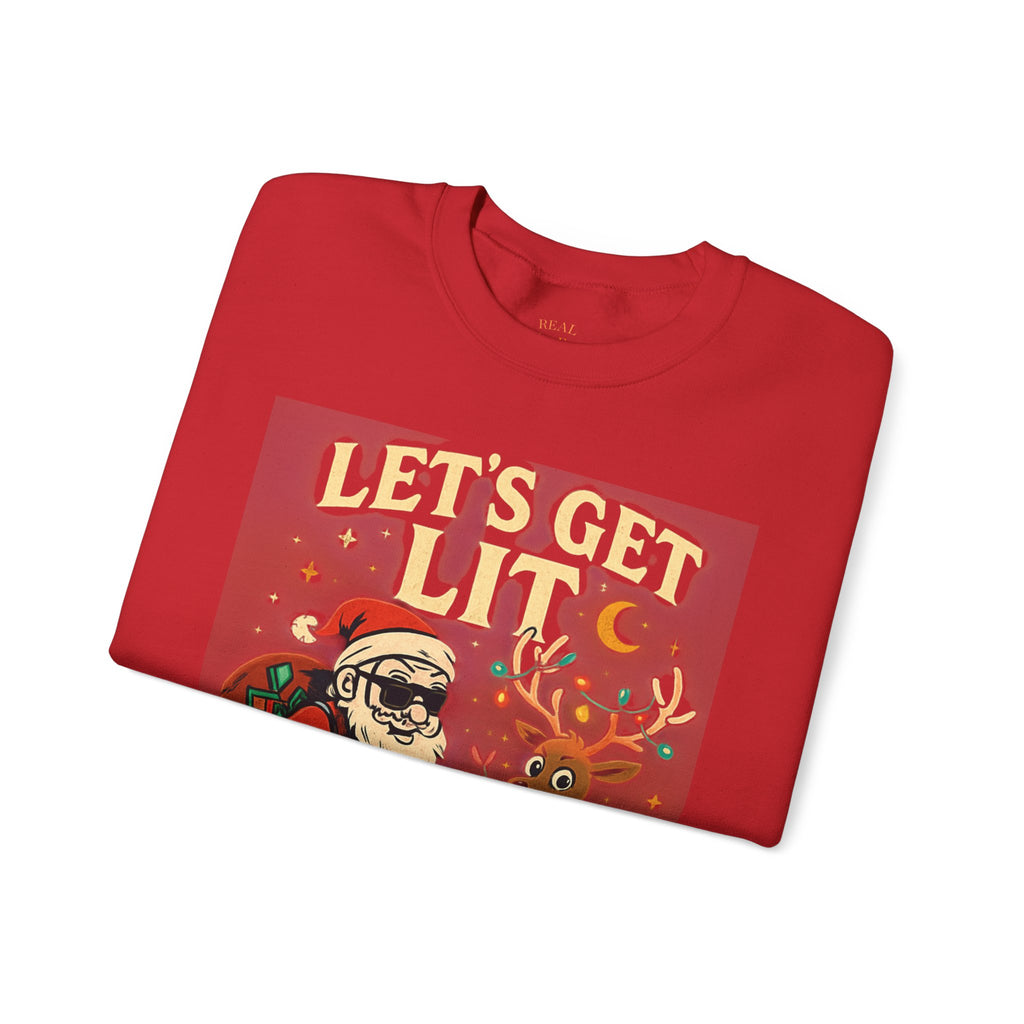 Crewneck Sweatshirt — 'Let's Get Lit' Santa & Reindeer Christmas Pullover