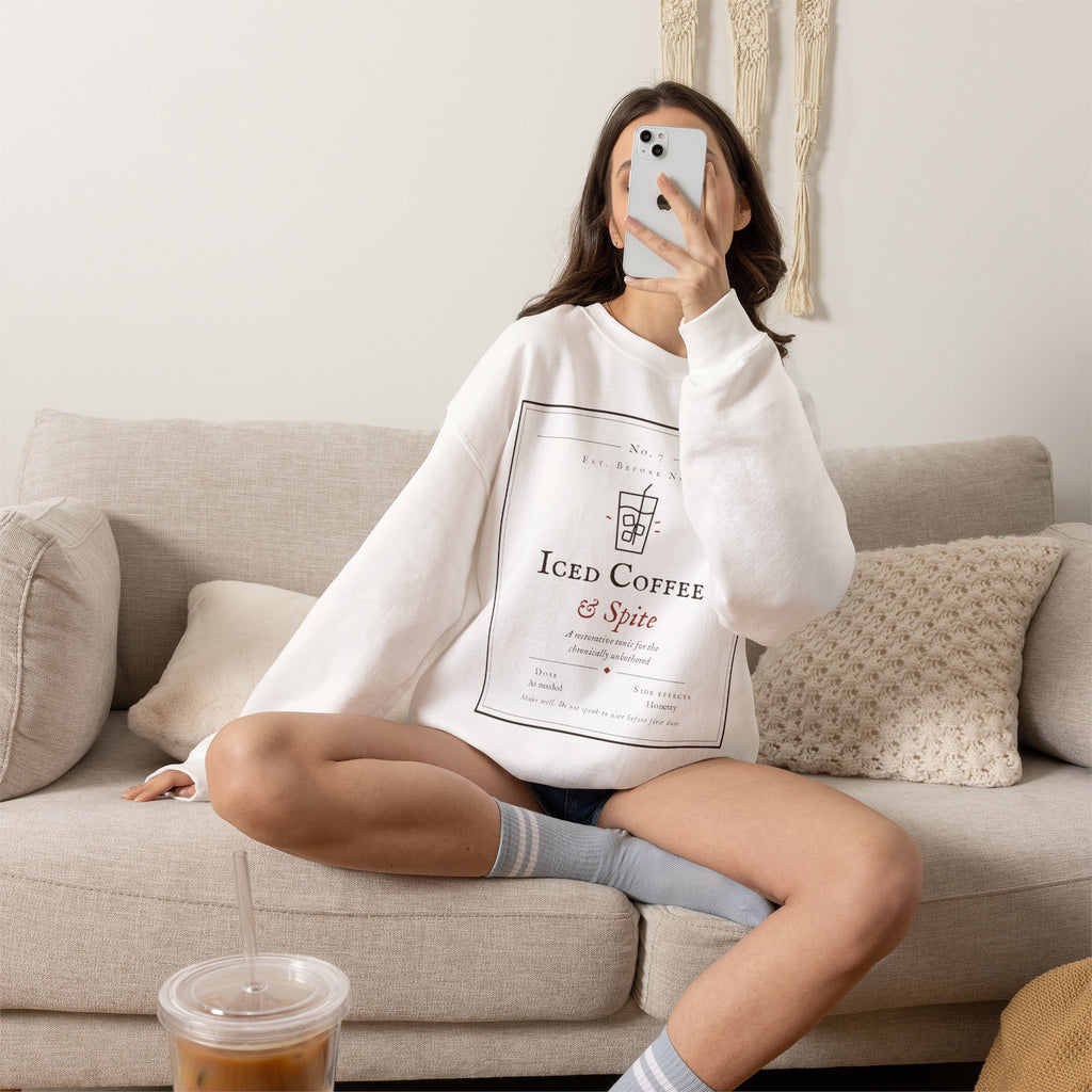 Iced Coffee & Spite Crewneck Sweatshirt - Minimal Café Graphic Sweater