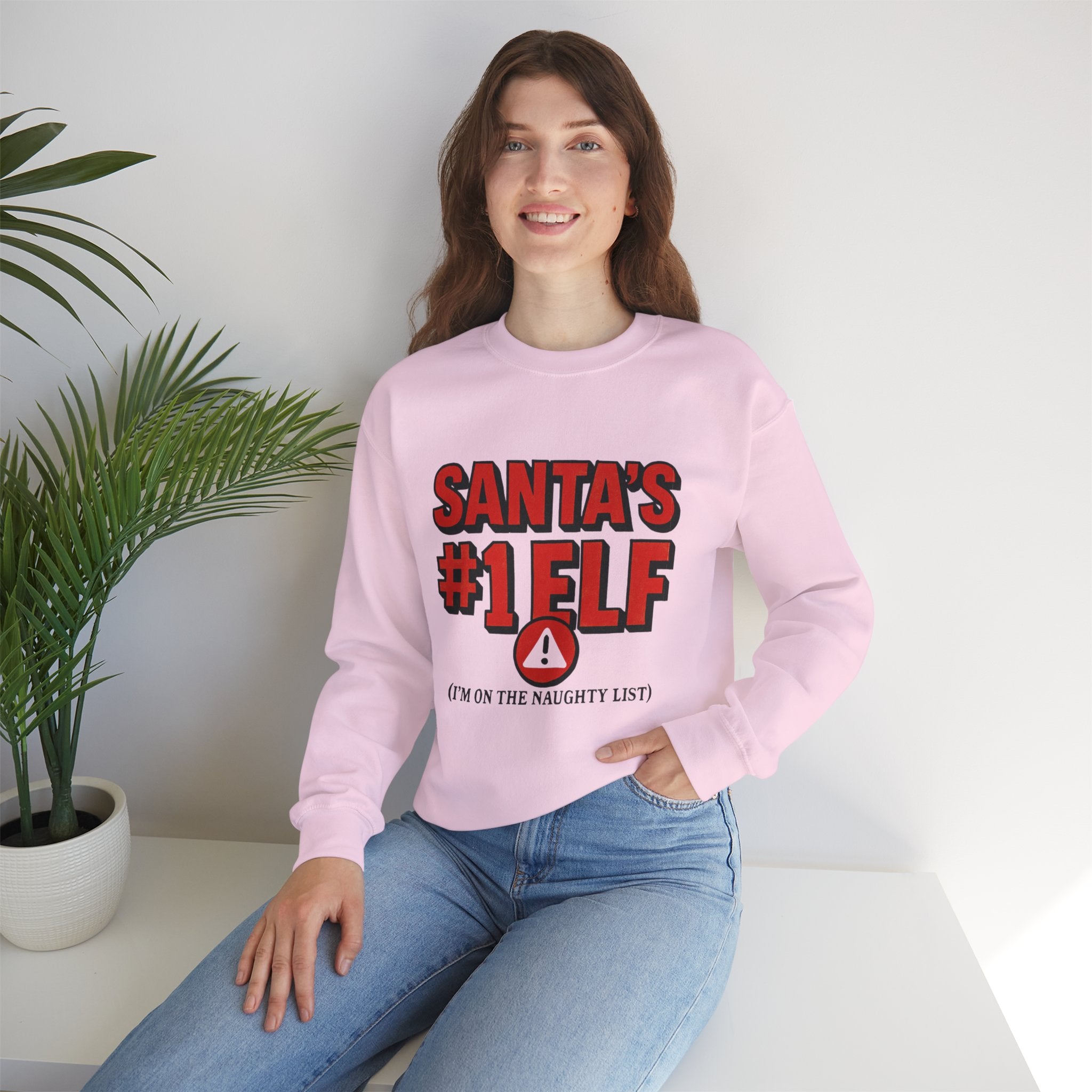Santa's #1 Elf Crewneck Sweatshirt - Funny Holiday Christmas Sweater (I'm on the Naughty List)