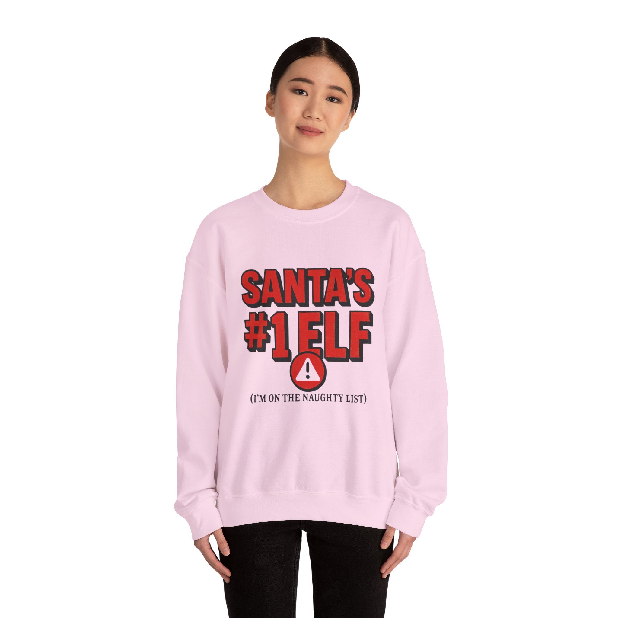 Santa's #1 Elf Crewneck Sweatshirt - Funny Holiday Christmas Sweater (I'm on the Naughty List)