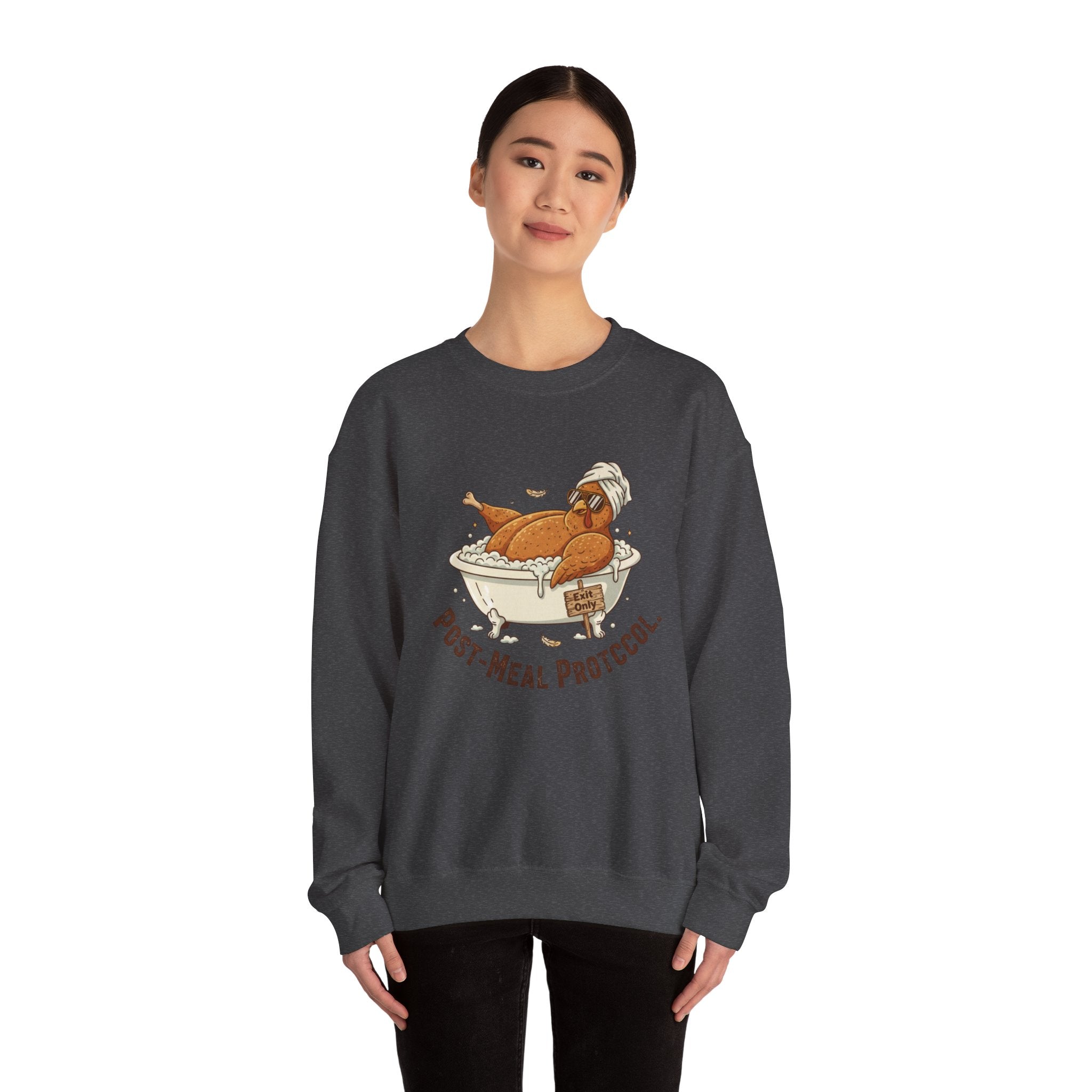 Crewneck Sweatshirt — "Post-Meal Protocol" Turkey Bath Cozy Graphic Pullover