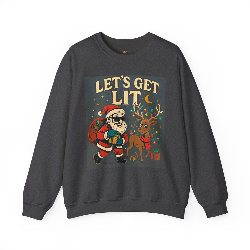 Crewneck Sweatshirt — 'Let's Get Lit' Santa & Reindeer Christmas Pullover