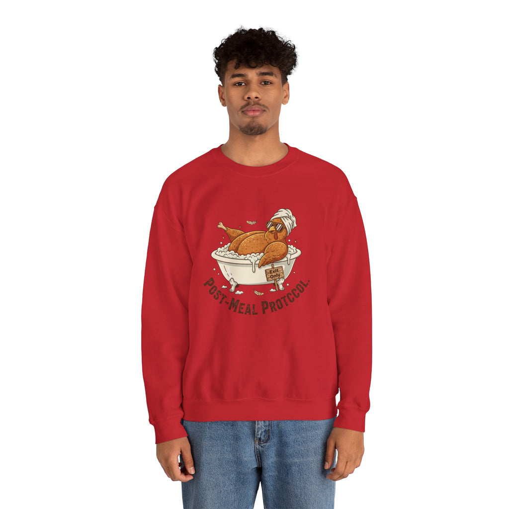 Crewneck Sweatshirt — "Post-Meal Protocol" Turkey Bath Cozy Graphic Pullover