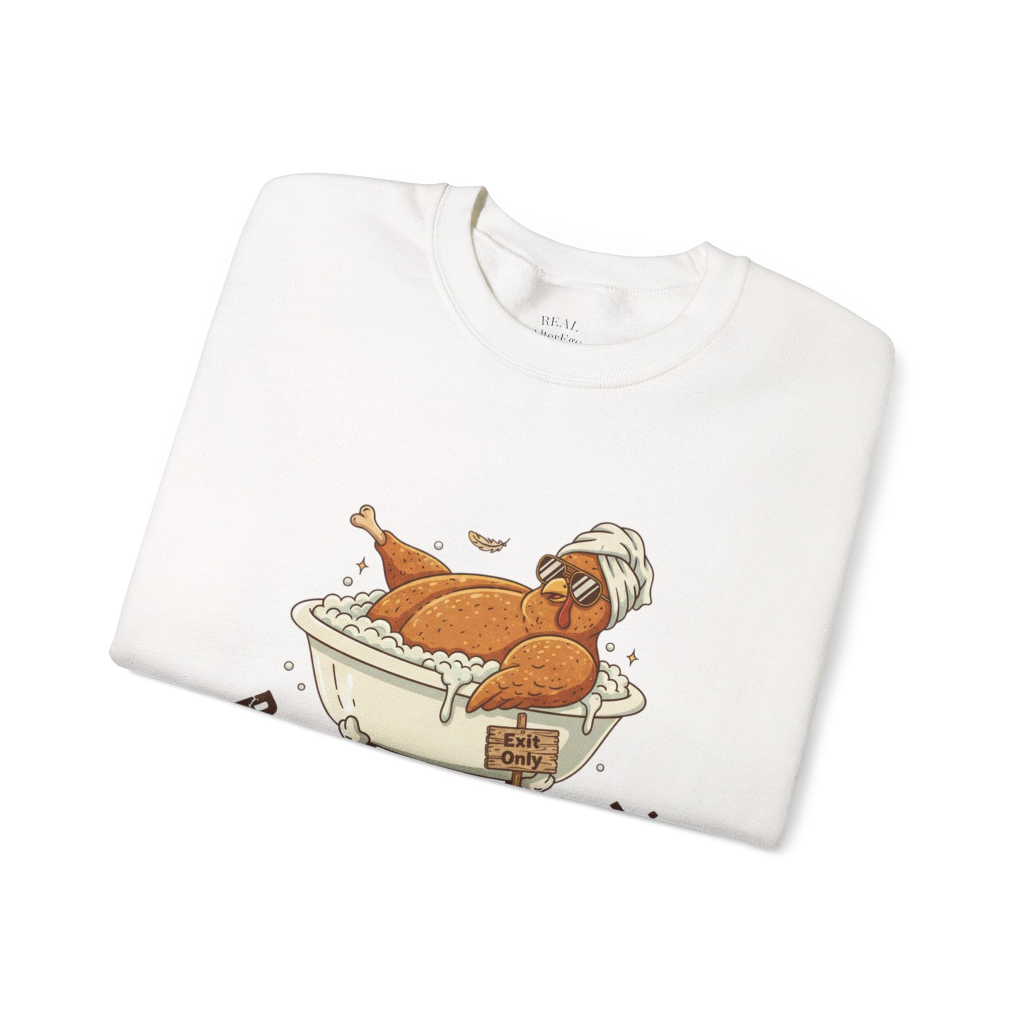Crewneck Sweatshirt — "Post-Meal Protocol" Turkey Bath Cozy Graphic Pullover