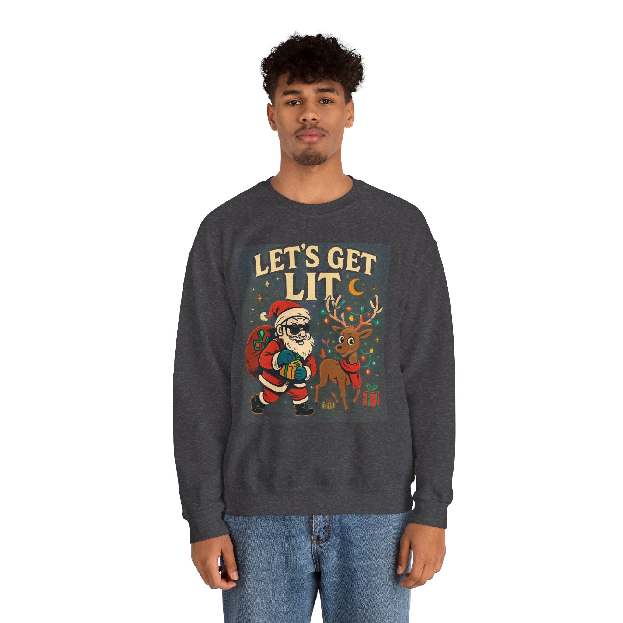 Crewneck Sweatshirt — 'Let's Get Lit' Santa & Reindeer Christmas Pullover