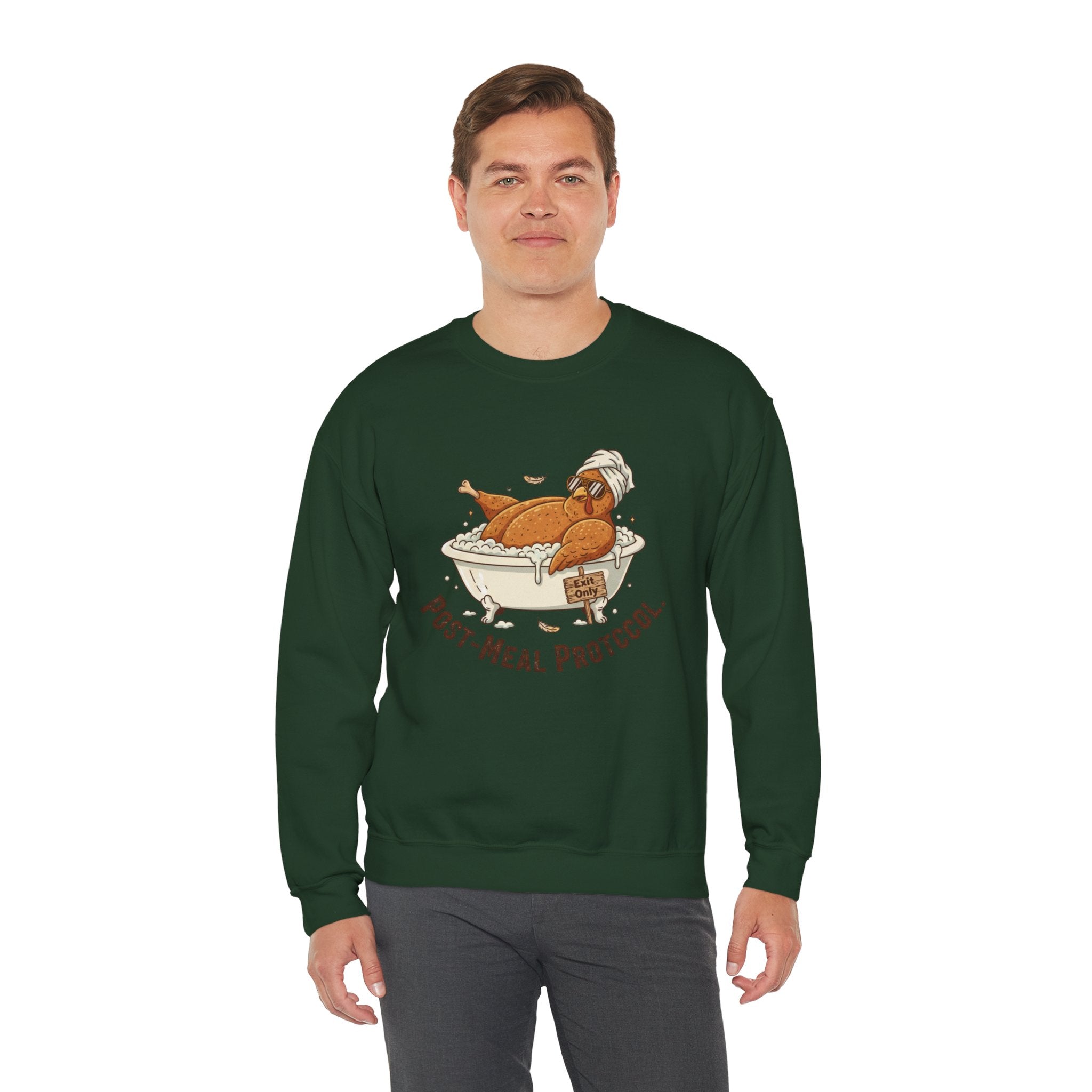 Crewneck Sweatshirt — "Post-Meal Protocol" Turkey Bath Cozy Graphic Pullover