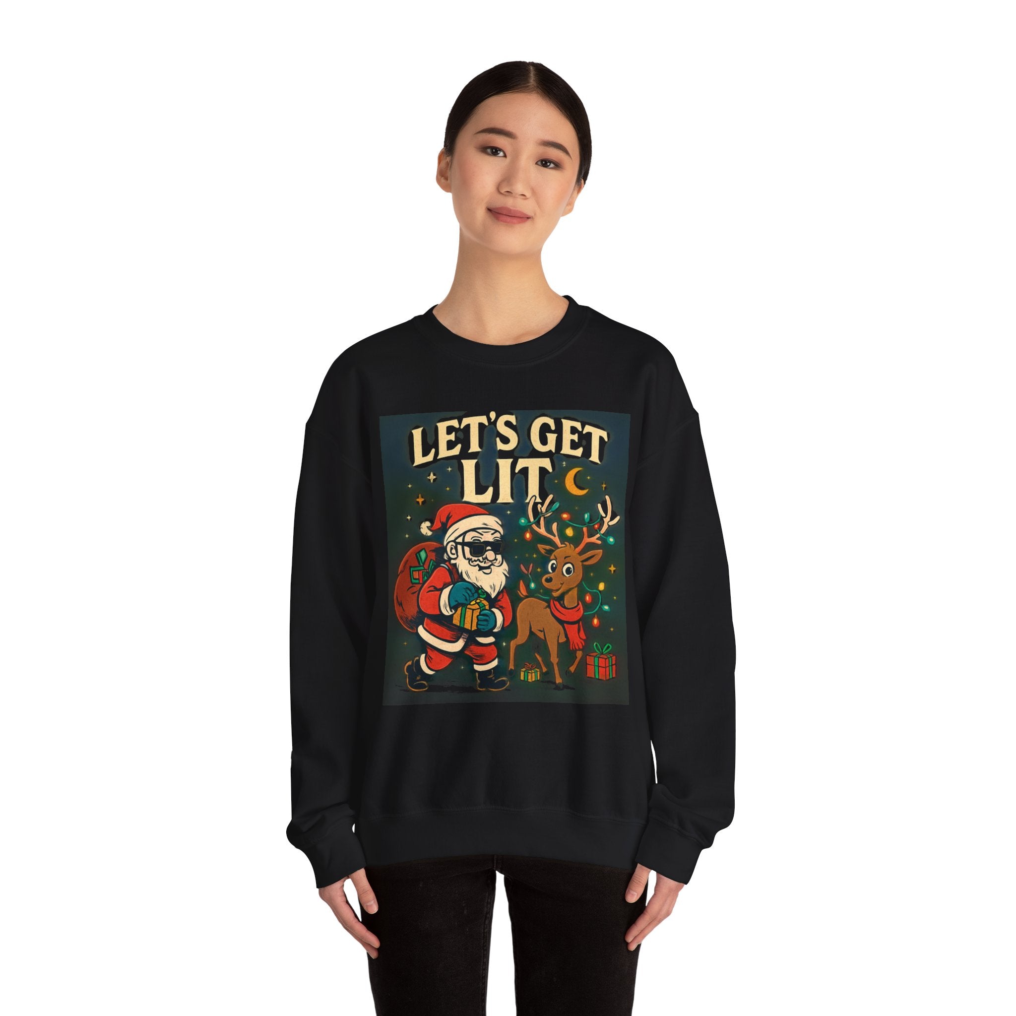 Crewneck Sweatshirt — 'Let's Get Lit' Santa & Reindeer Christmas Pullover