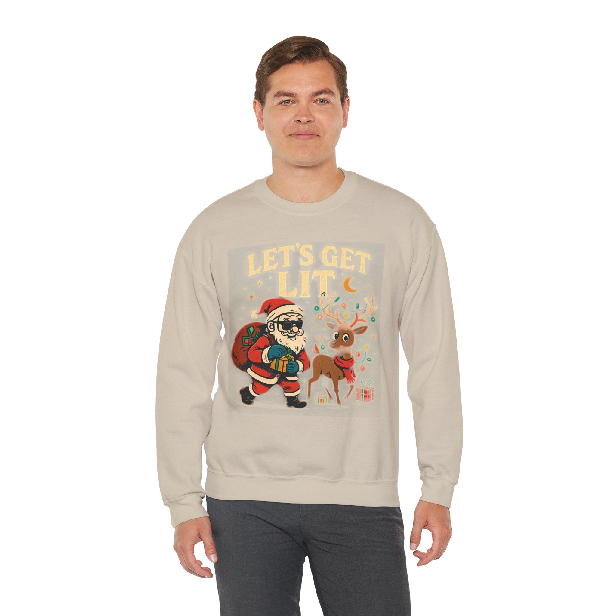 Crewneck Sweatshirt — 'Let's Get Lit' Santa & Reindeer Christmas Pullover