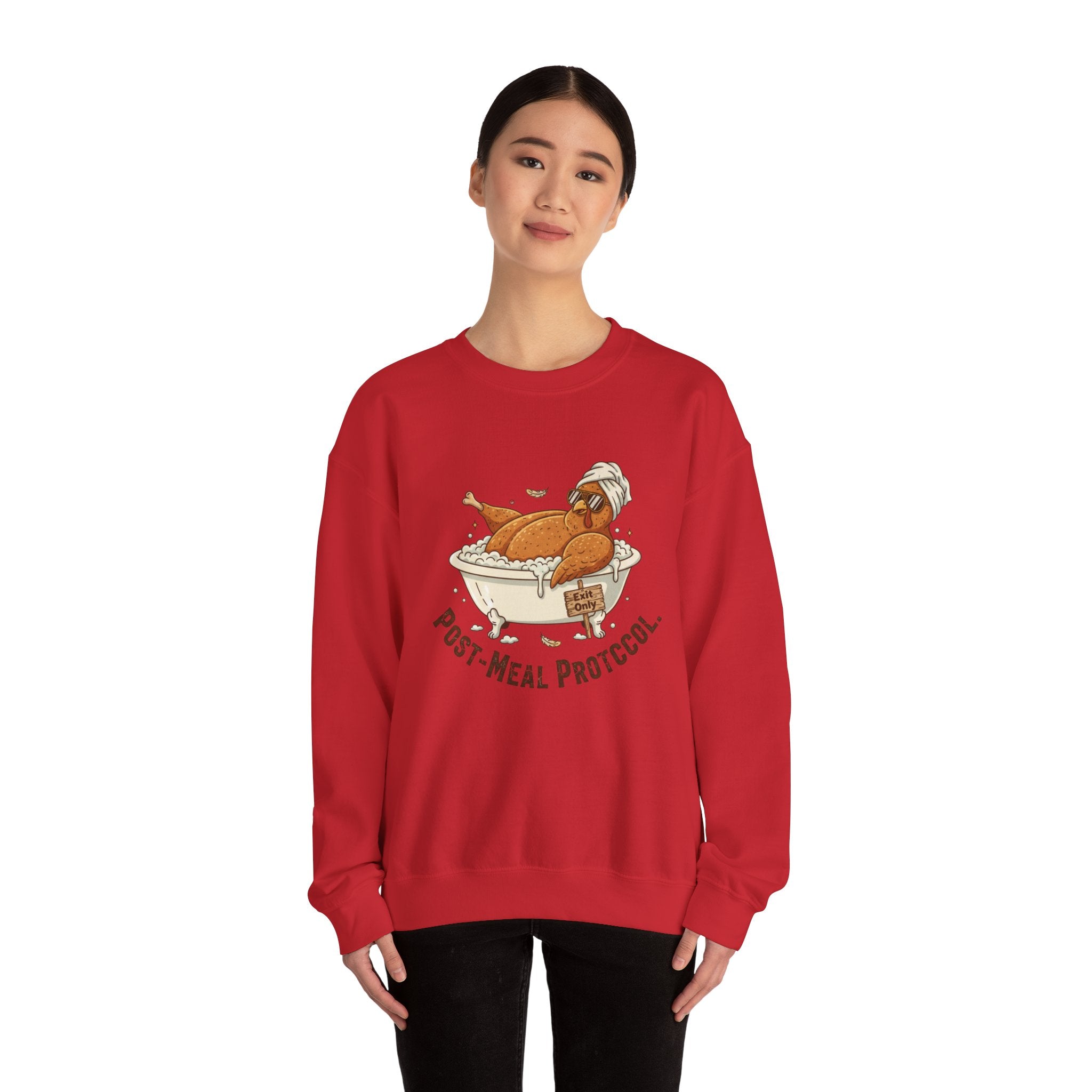 Crewneck Sweatshirt — "Post-Meal Protocol" Turkey Bath Cozy Graphic Pullover