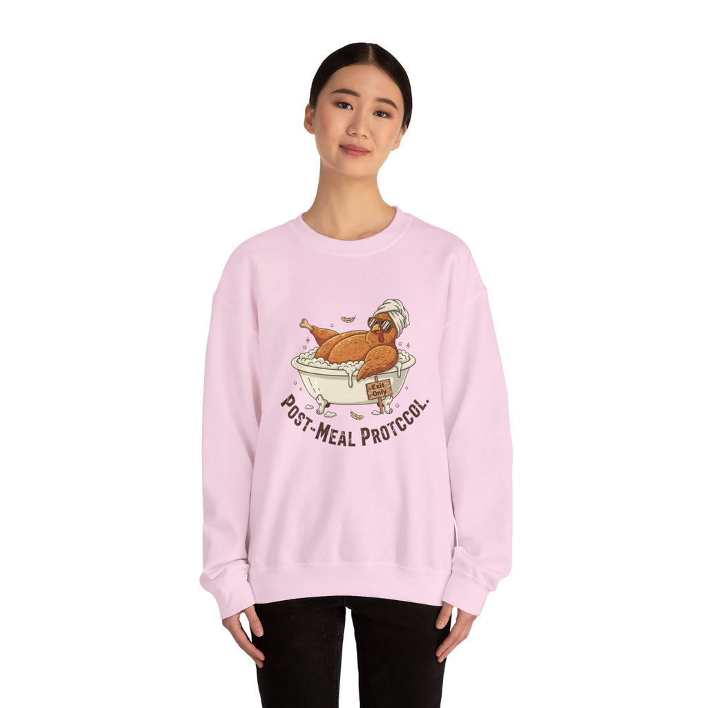 Crewneck Sweatshirt — "Post-Meal Protocol" Turkey Bath Cozy Graphic Pullover