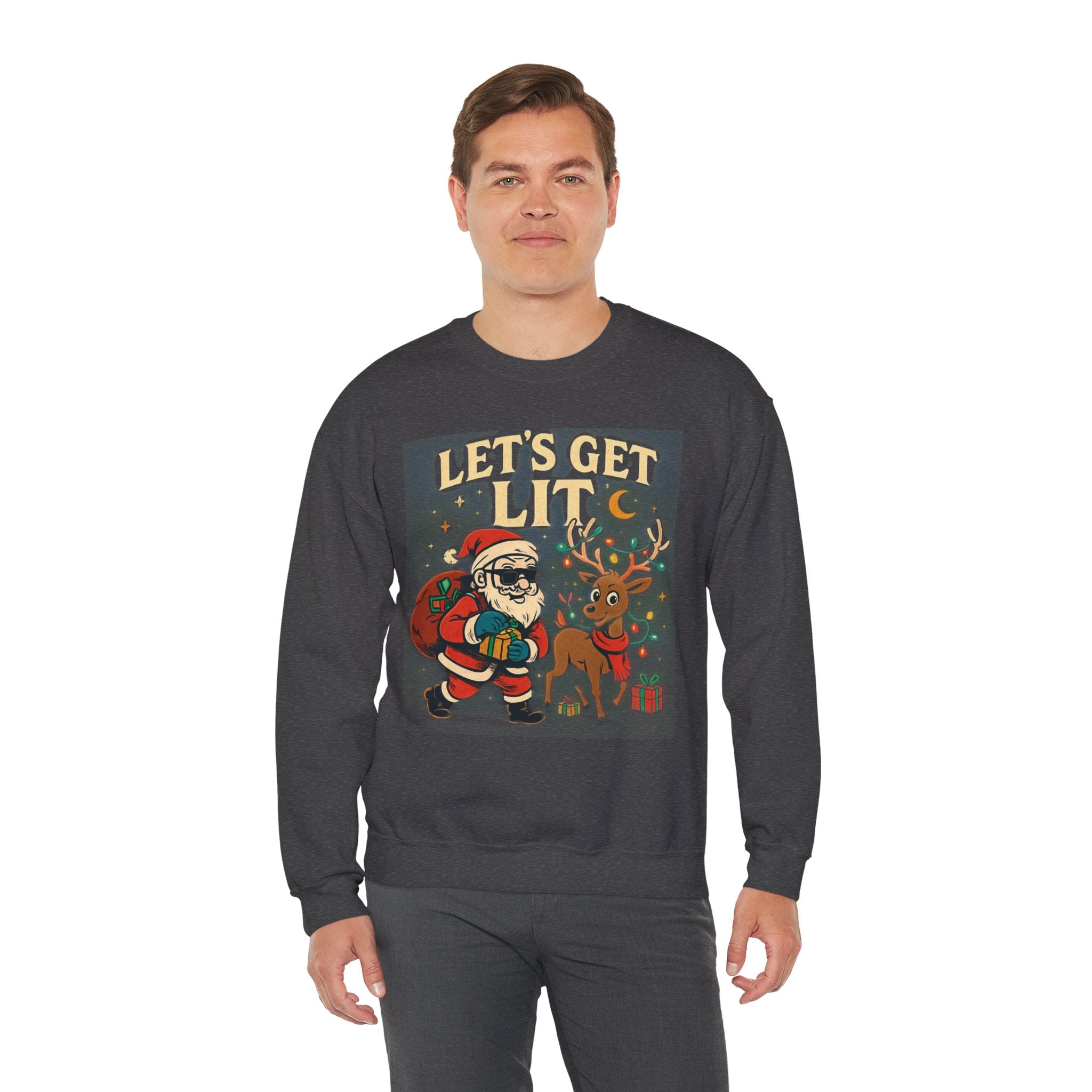 Crewneck Sweatshirt — 'Let's Get Lit' Santa & Reindeer Christmas Pullover