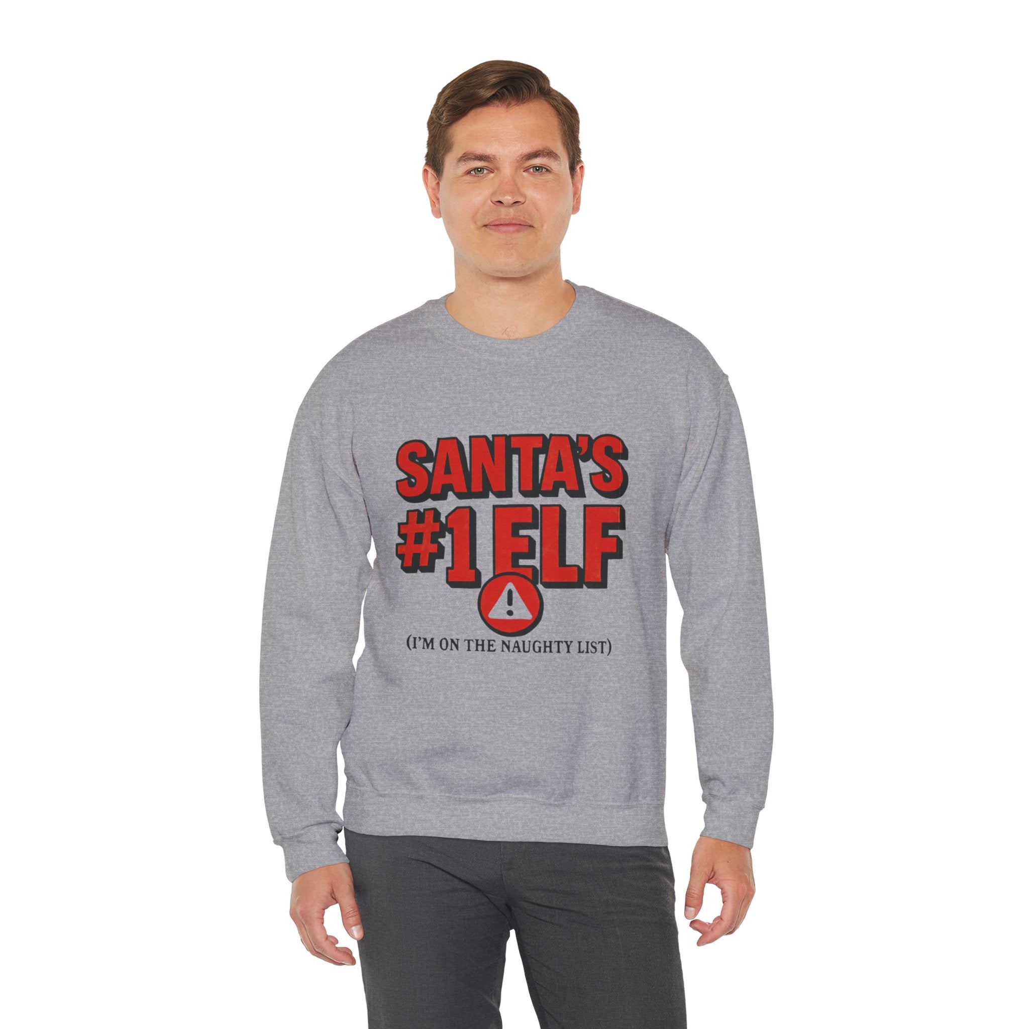 Santa's #1 Elf Crewneck Sweatshirt - Funny Holiday Christmas Sweater (I'm on the Naughty List)