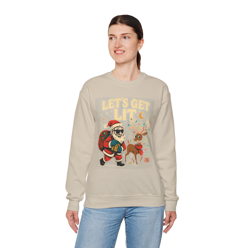 Crewneck Sweatshirt — 'Let's Get Lit' Santa & Reindeer Christmas Pullover