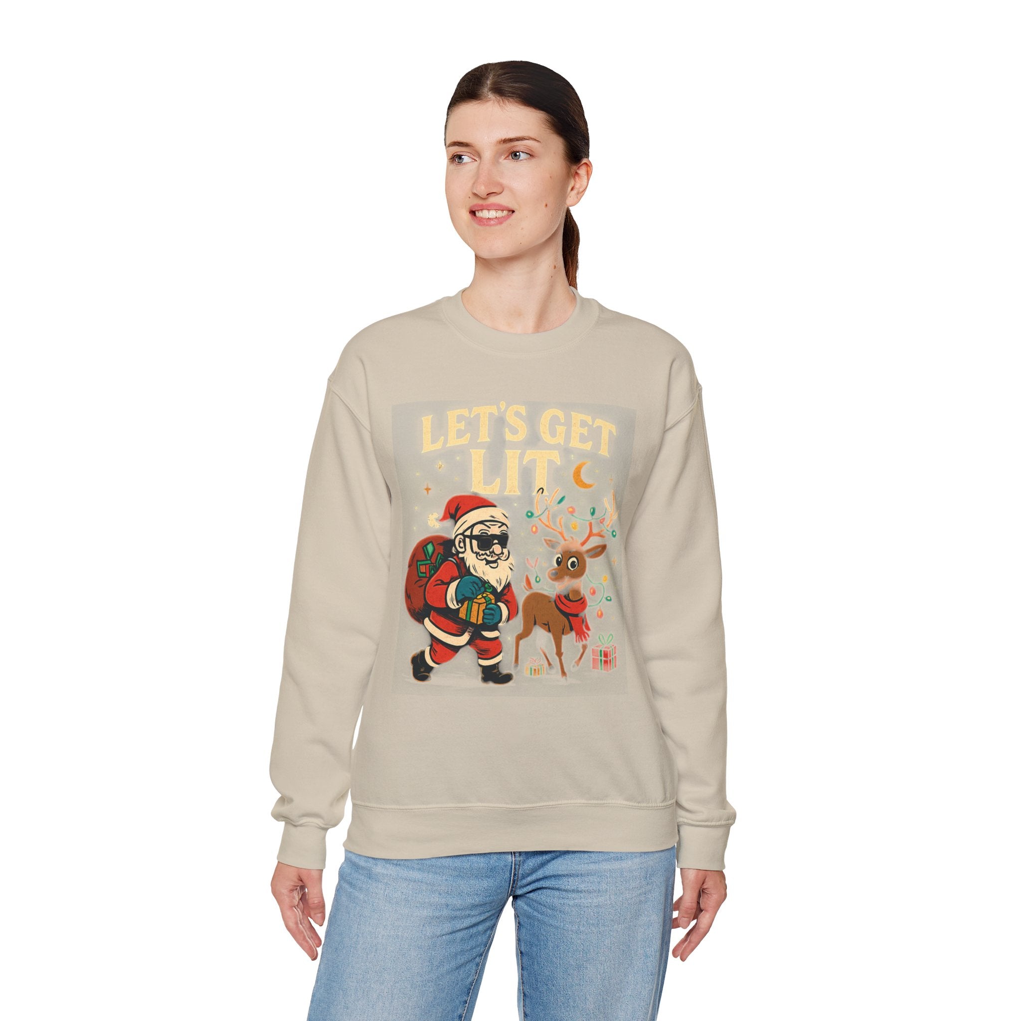 Crewneck Sweatshirt — 'Let's Get Lit' Santa & Reindeer Christmas Pullover