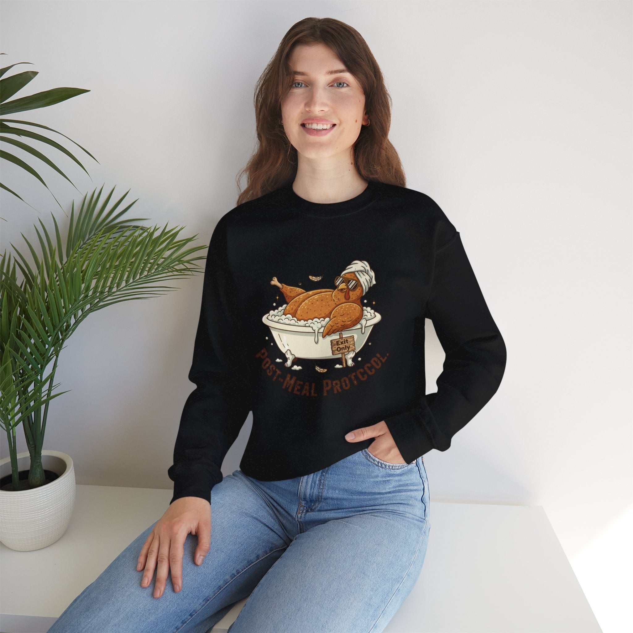 Crewneck Sweatshirt — "Post-Meal Protocol" Turkey Bath Cozy Graphic Pullover