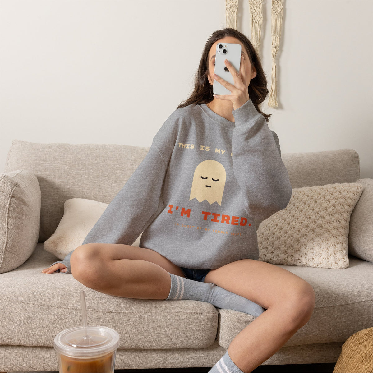 Crewneck Sweatshirt - "This Is My Costume. I’m Tired." Cute Sleepy Ghost Graphic