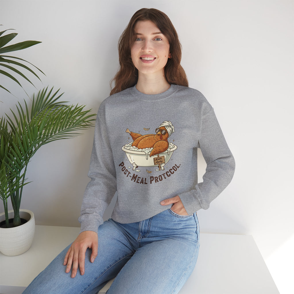 Crewneck Sweatshirt — "Post-Meal Protocol" Turkey Bath Cozy Graphic Pullover