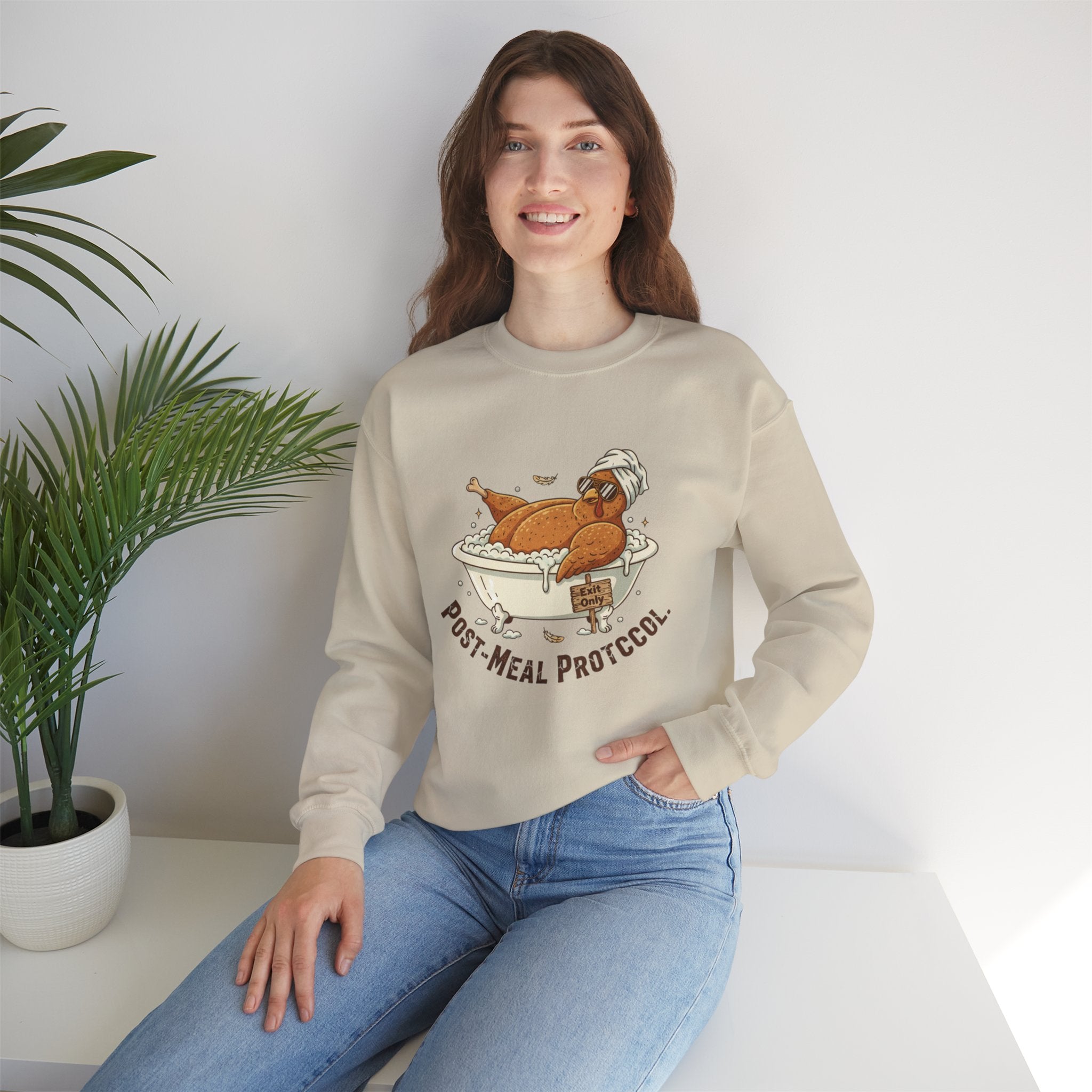Crewneck Sweatshirt — "Post-Meal Protocol" Turkey Bath Cozy Graphic Pullover