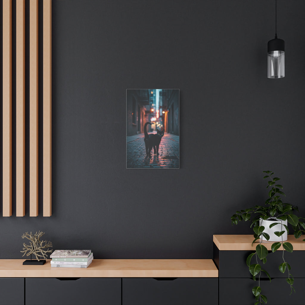 Black Cat Alley Matte Canvas Print — Noir Street Photography Wall Art