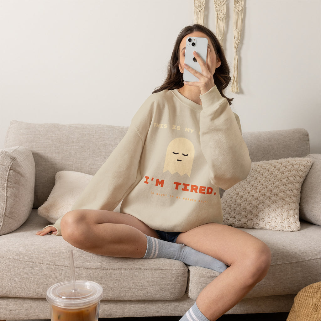 Crewneck Sweatshirt - "This Is My Costume. I’m Tired." Cute Sleepy Ghost Graphic