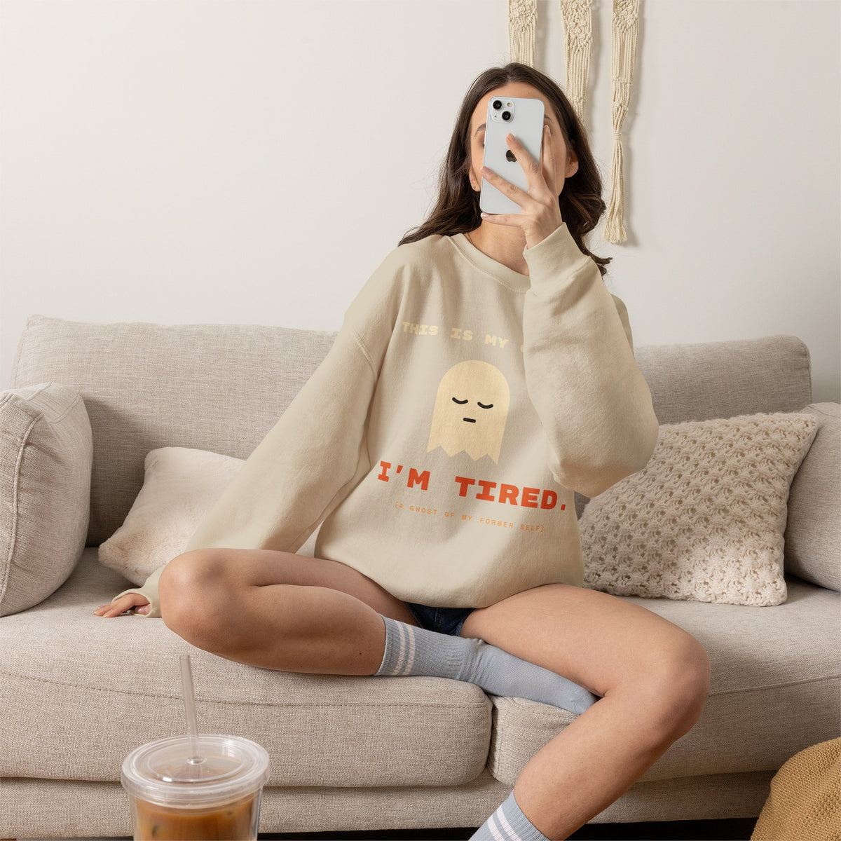 Crewneck Sweatshirt - "This Is My Costume. I’m Tired." Cute Sleepy Ghost Graphic