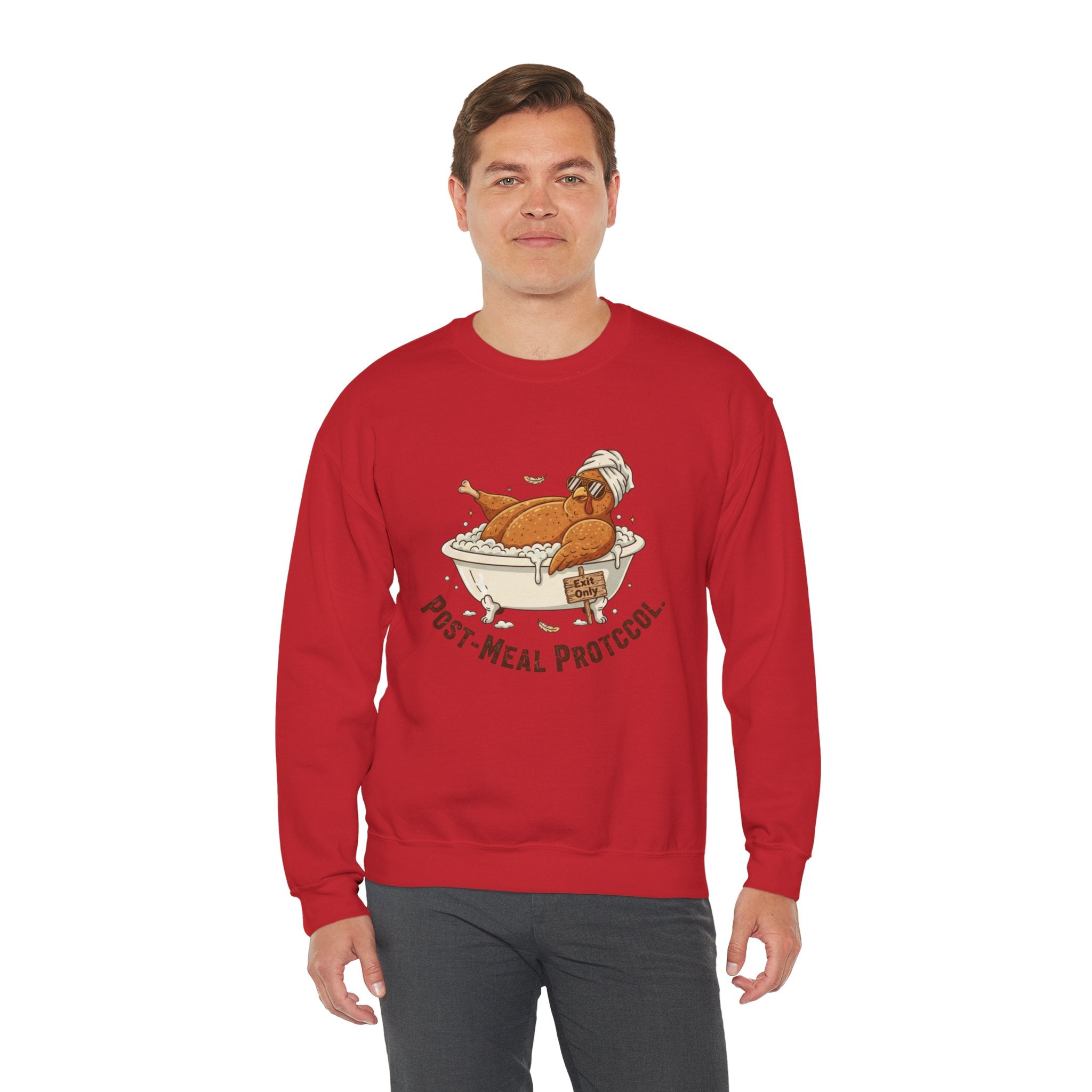 Crewneck Sweatshirt — "Post-Meal Protocol" Turkey Bath Cozy Graphic Pullover