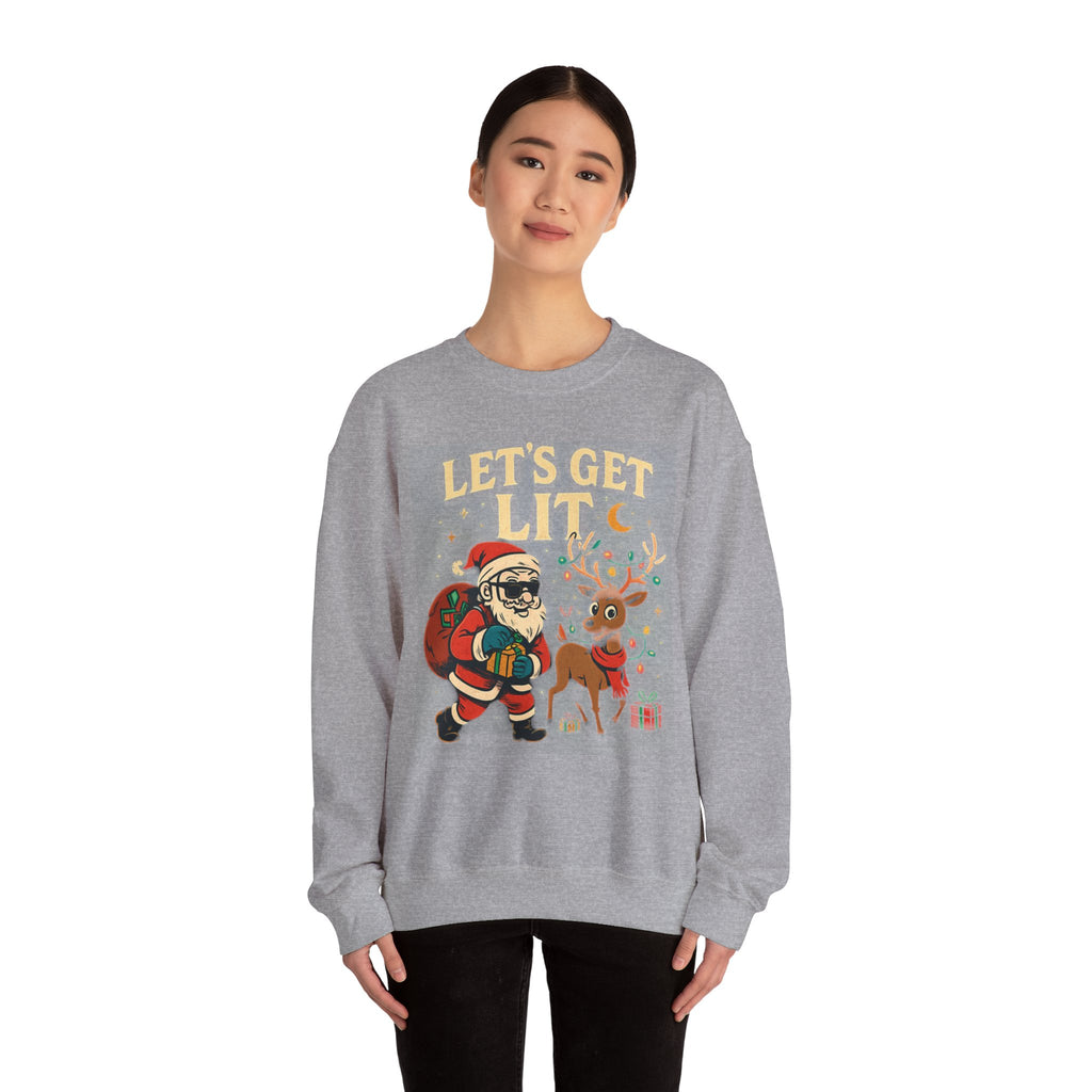 Crewneck Sweatshirt — 'Let's Get Lit' Santa & Reindeer Christmas Pullover