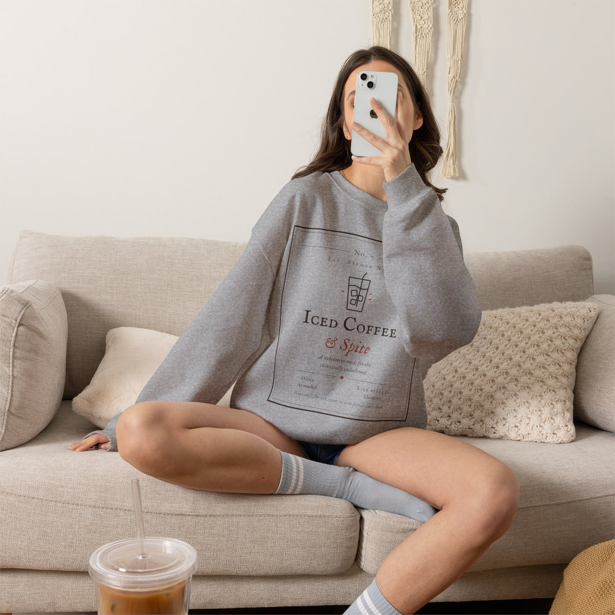 Iced Coffee & Spite Crewneck Sweatshirt - Minimal Café Graphic Sweater