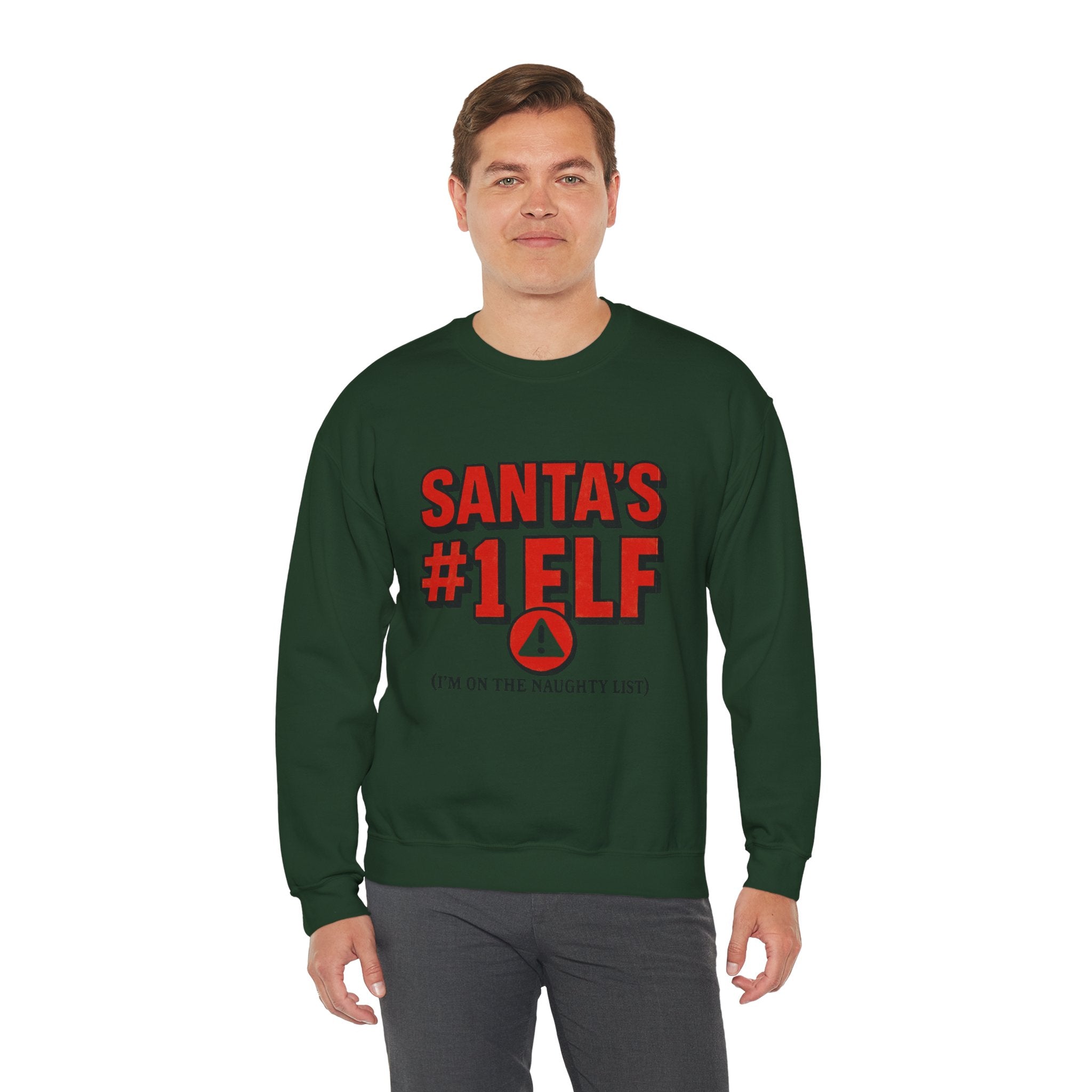 Santa's #1 Elf Crewneck Sweatshirt - Funny Holiday Christmas Sweater (I'm on the Naughty List)