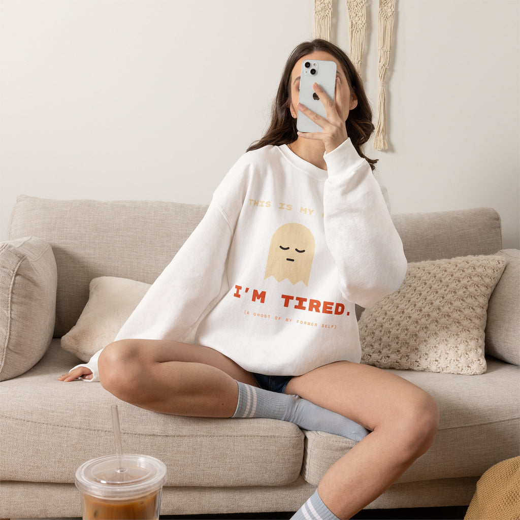 Crewneck Sweatshirt - "This Is My Costume. I’m Tired." Cute Sleepy Ghost Graphic