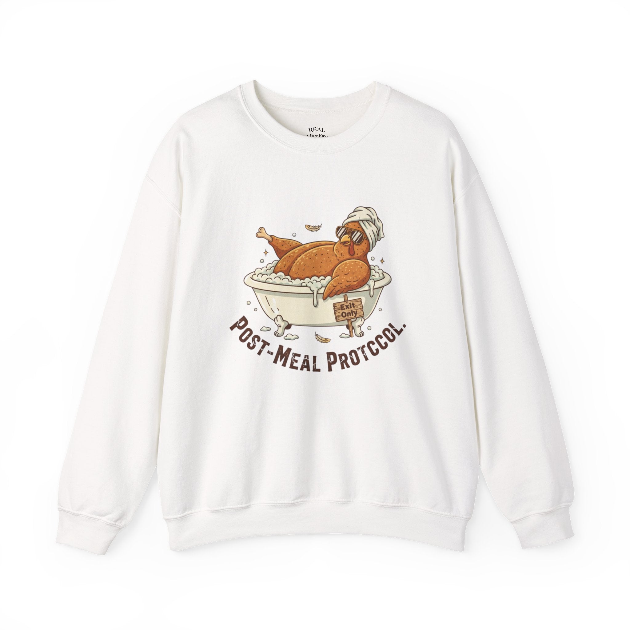 Crewneck Sweatshirt — "Post-Meal Protocol" Turkey Bath Cozy Graphic Pullover